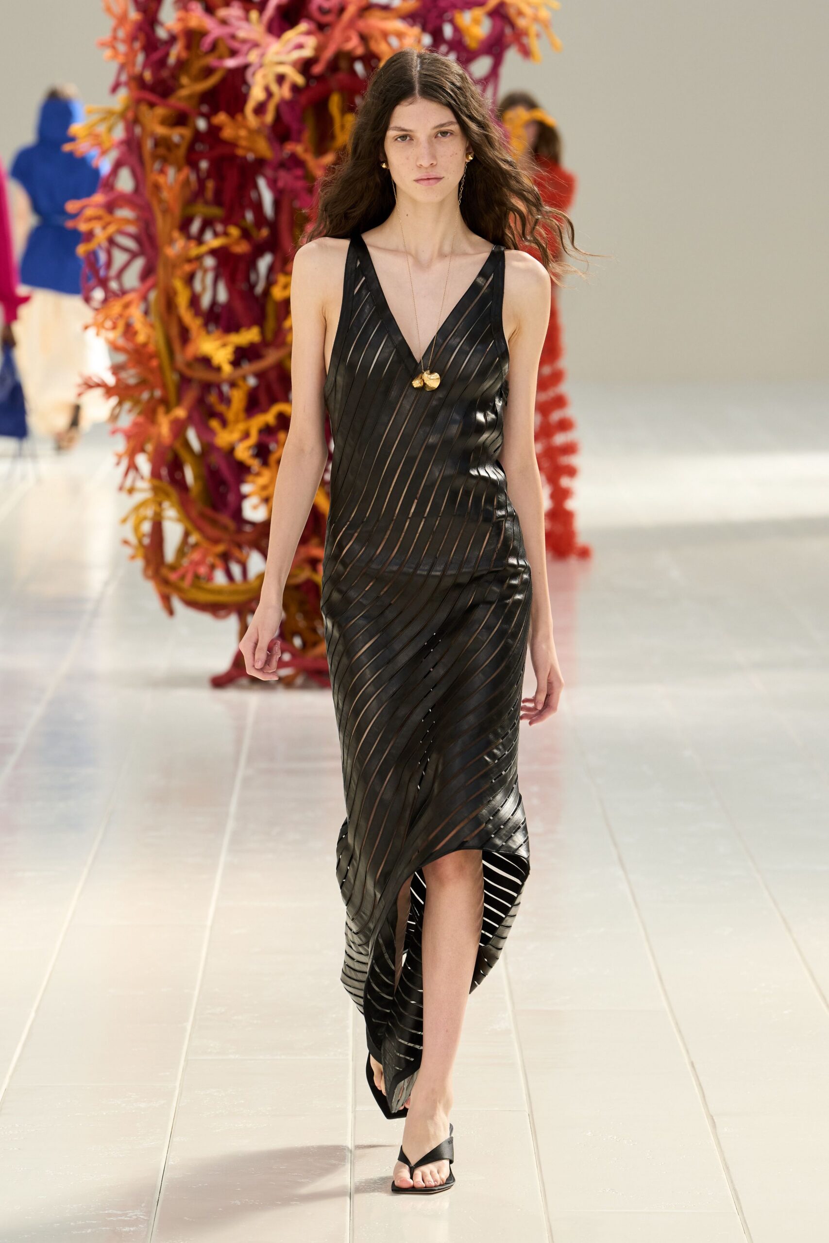 black cutout striped leather maxi dress