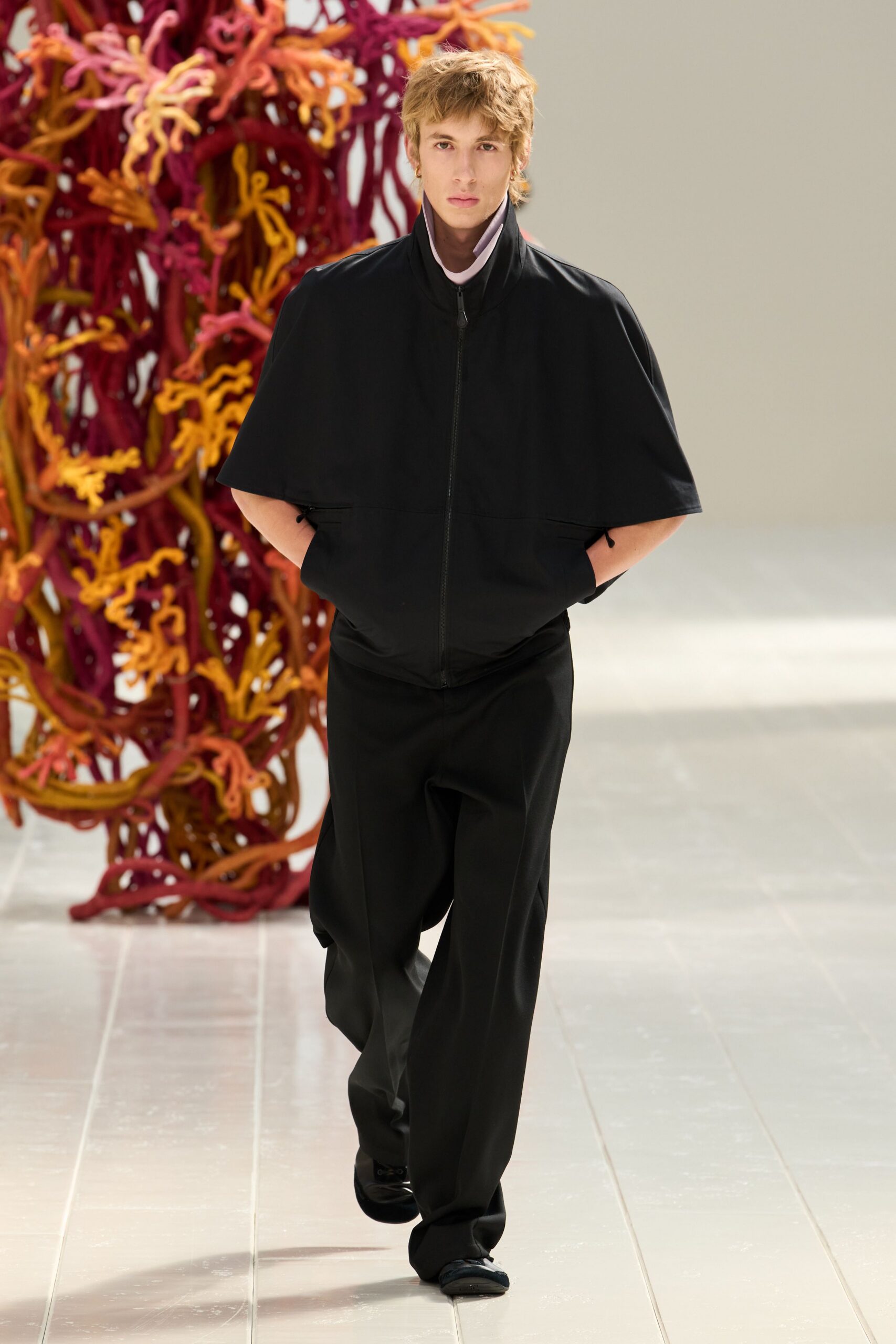 black cape-sleeve zip-front jacket