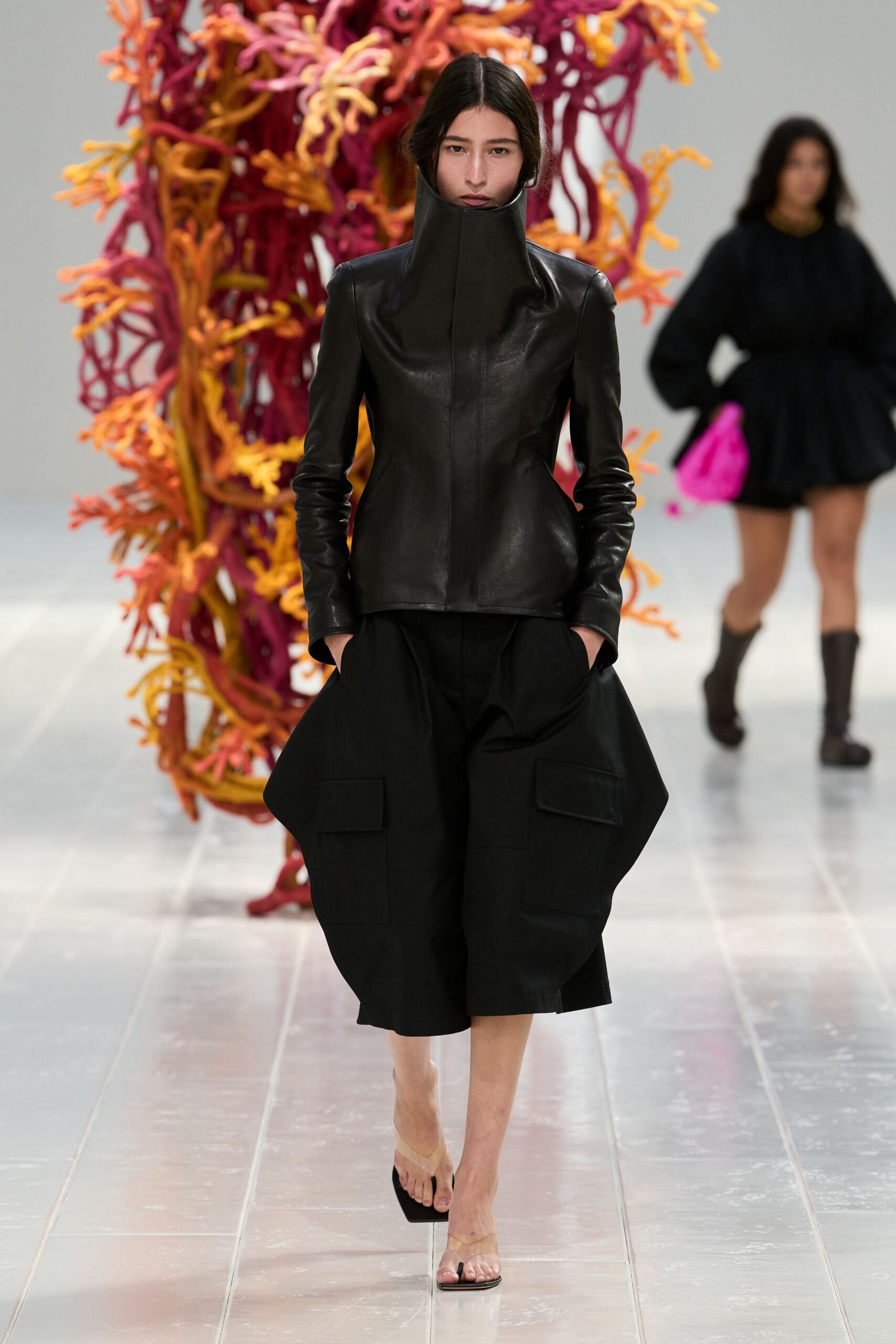 black funnel-neck leather jacket