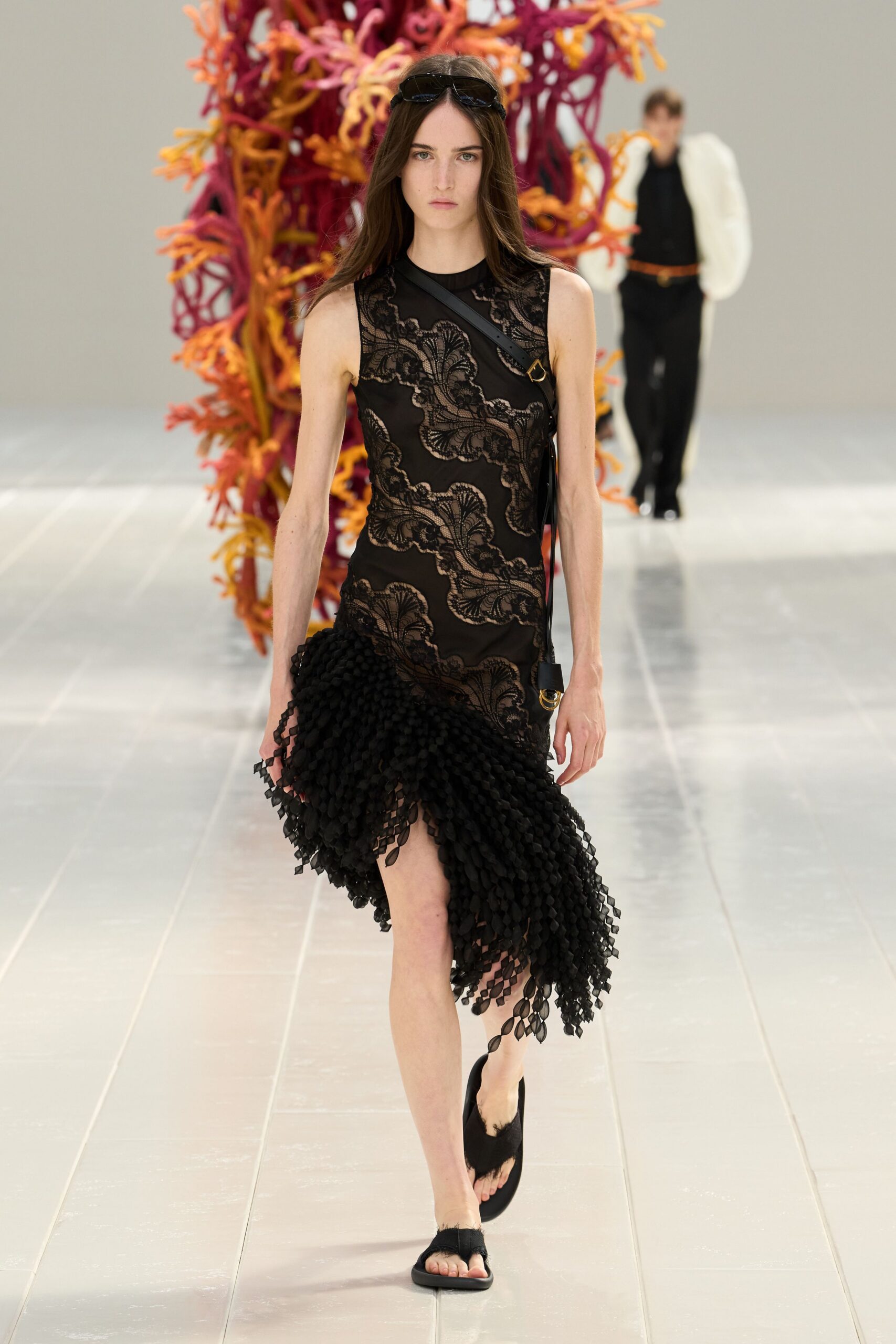 black lace sleeveless high-neck fitted embroidered ruched dress