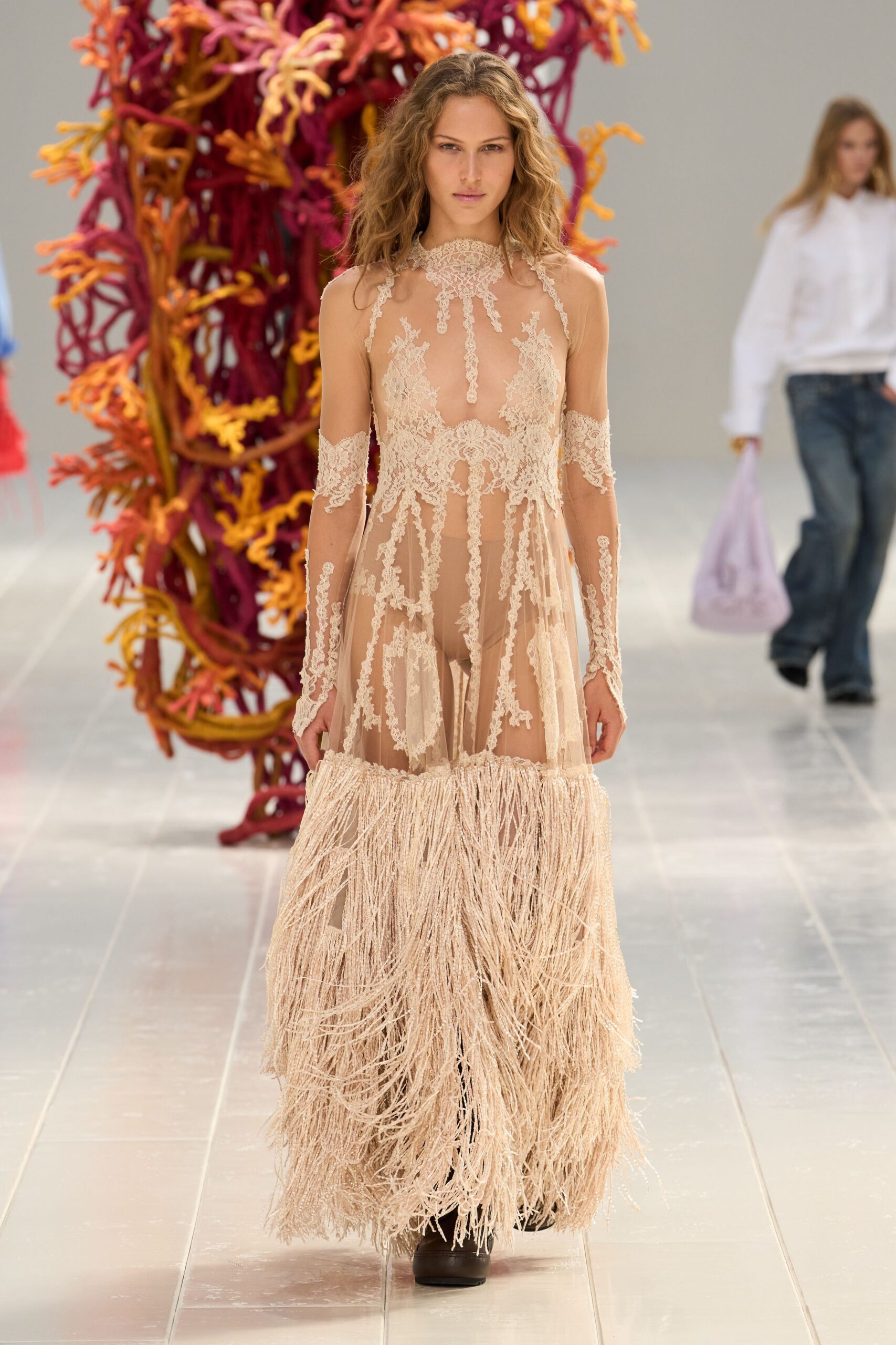 sheer lace fringe evening gown
