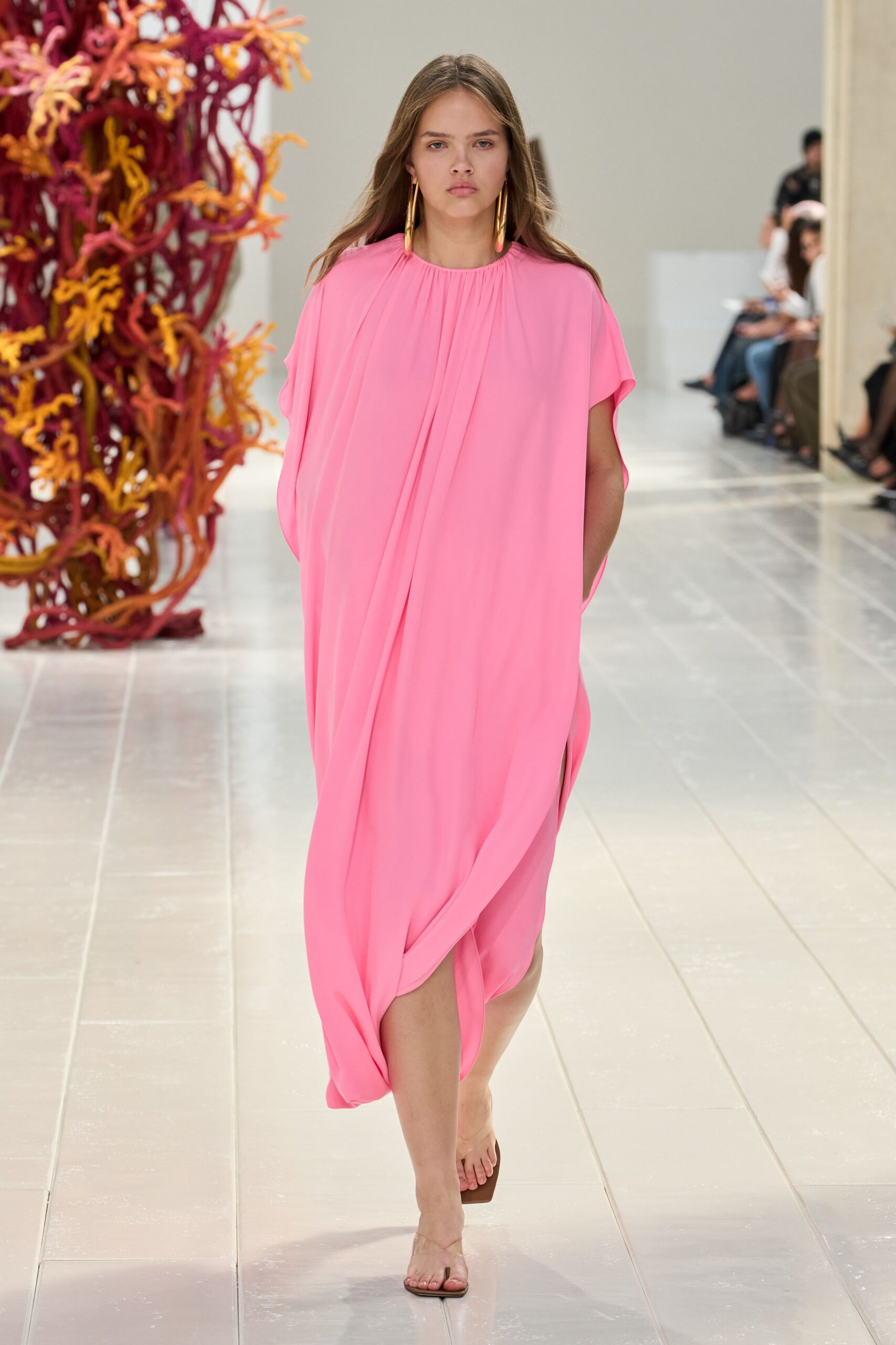 pink caftan-style draped maxi dress