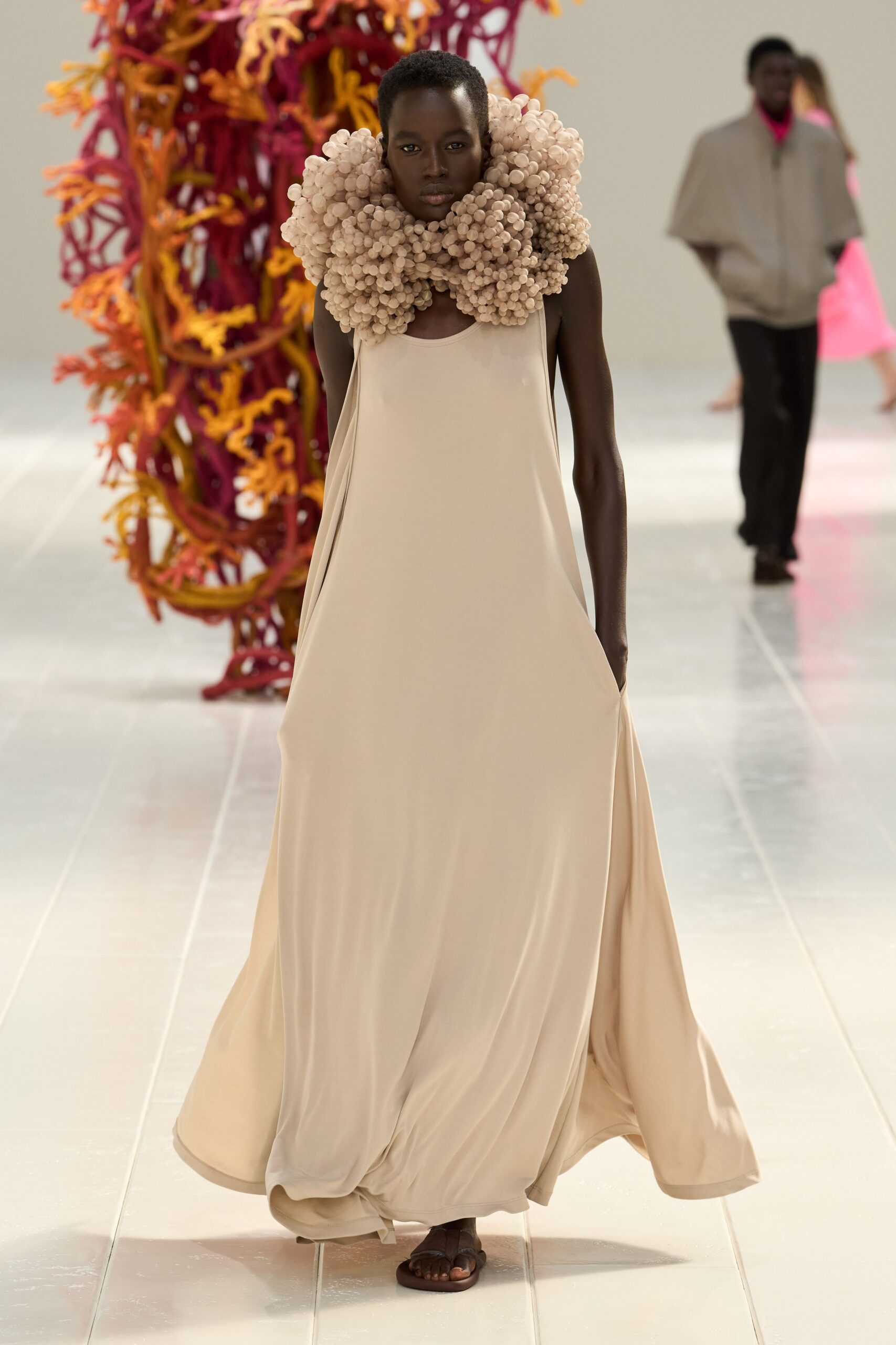 beige draped maxi gown