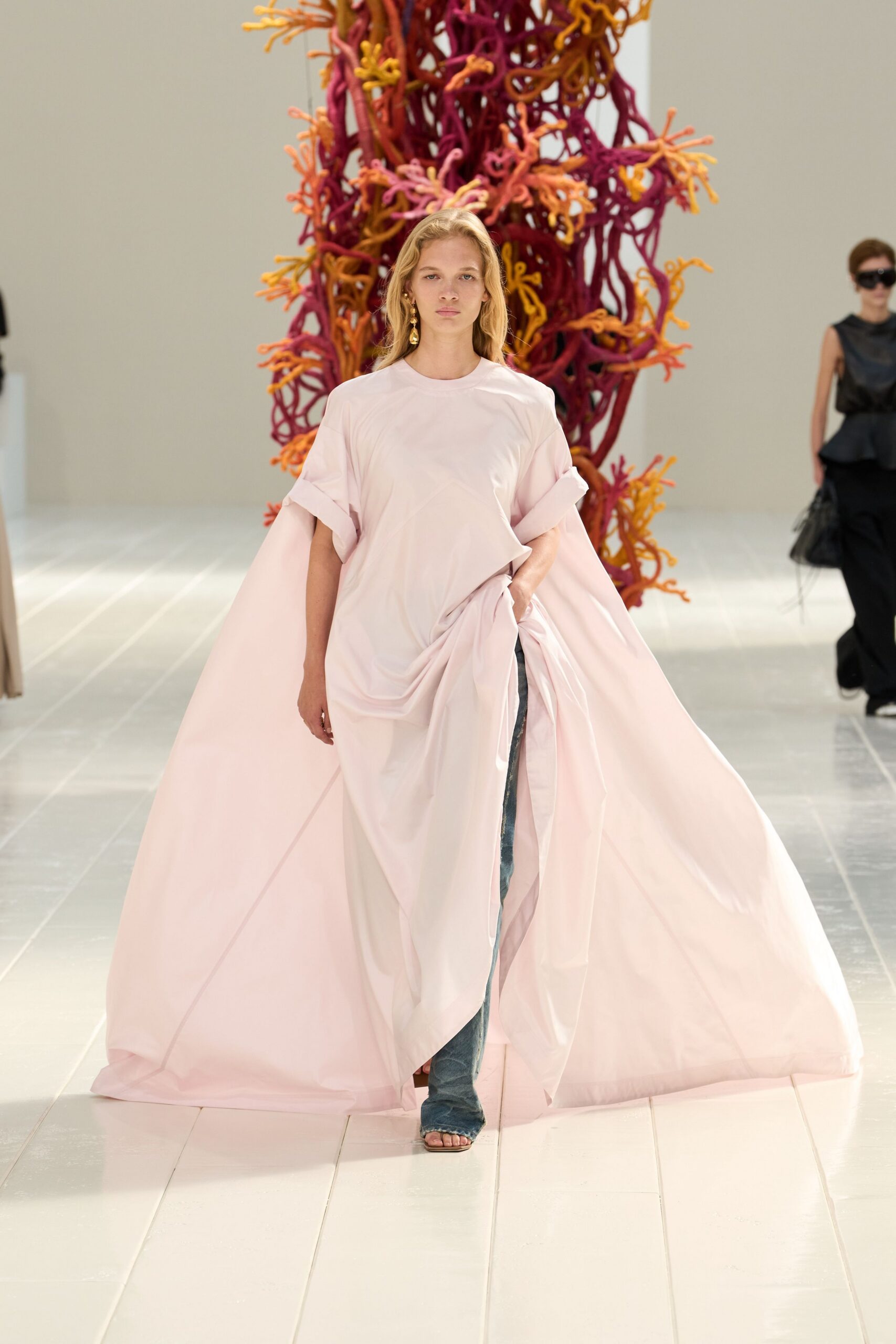 blush draped cape-effect gown