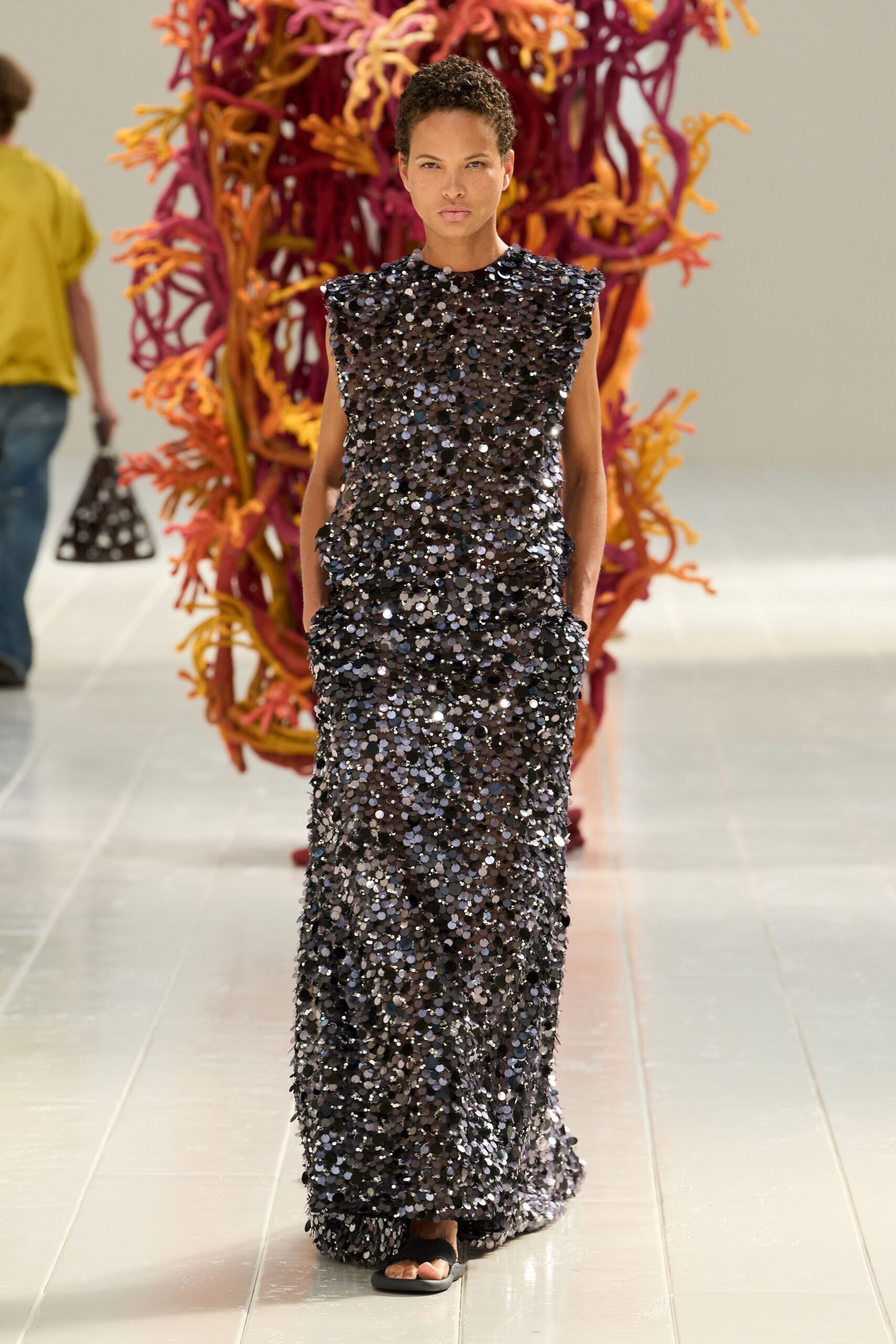black paillette evening gown