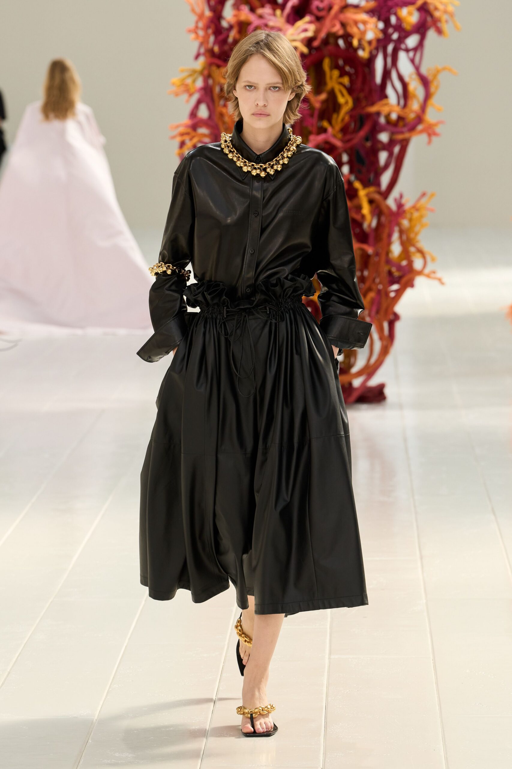 black leather drawstring midi skirt