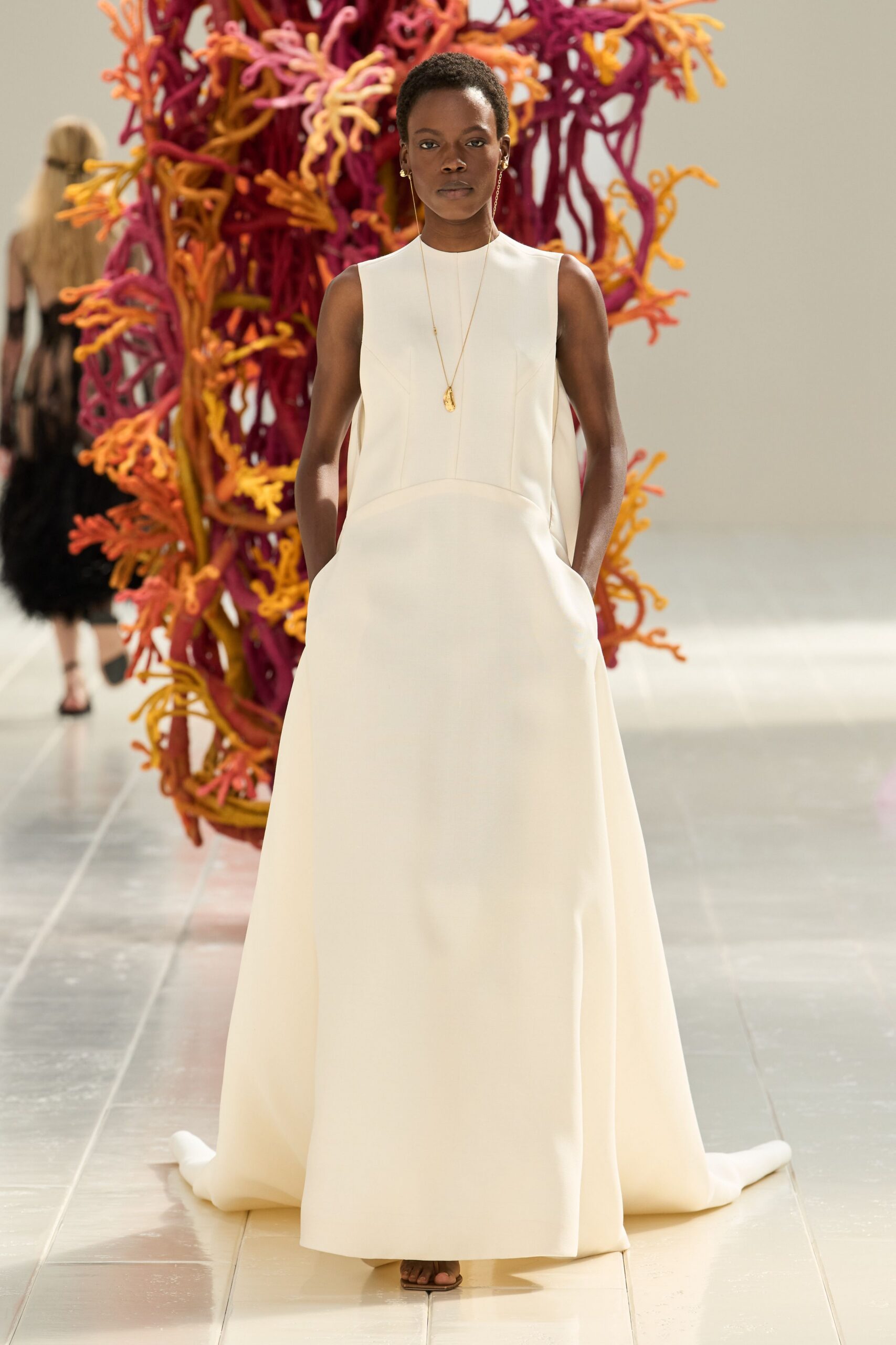 ivory cape-back evening gown