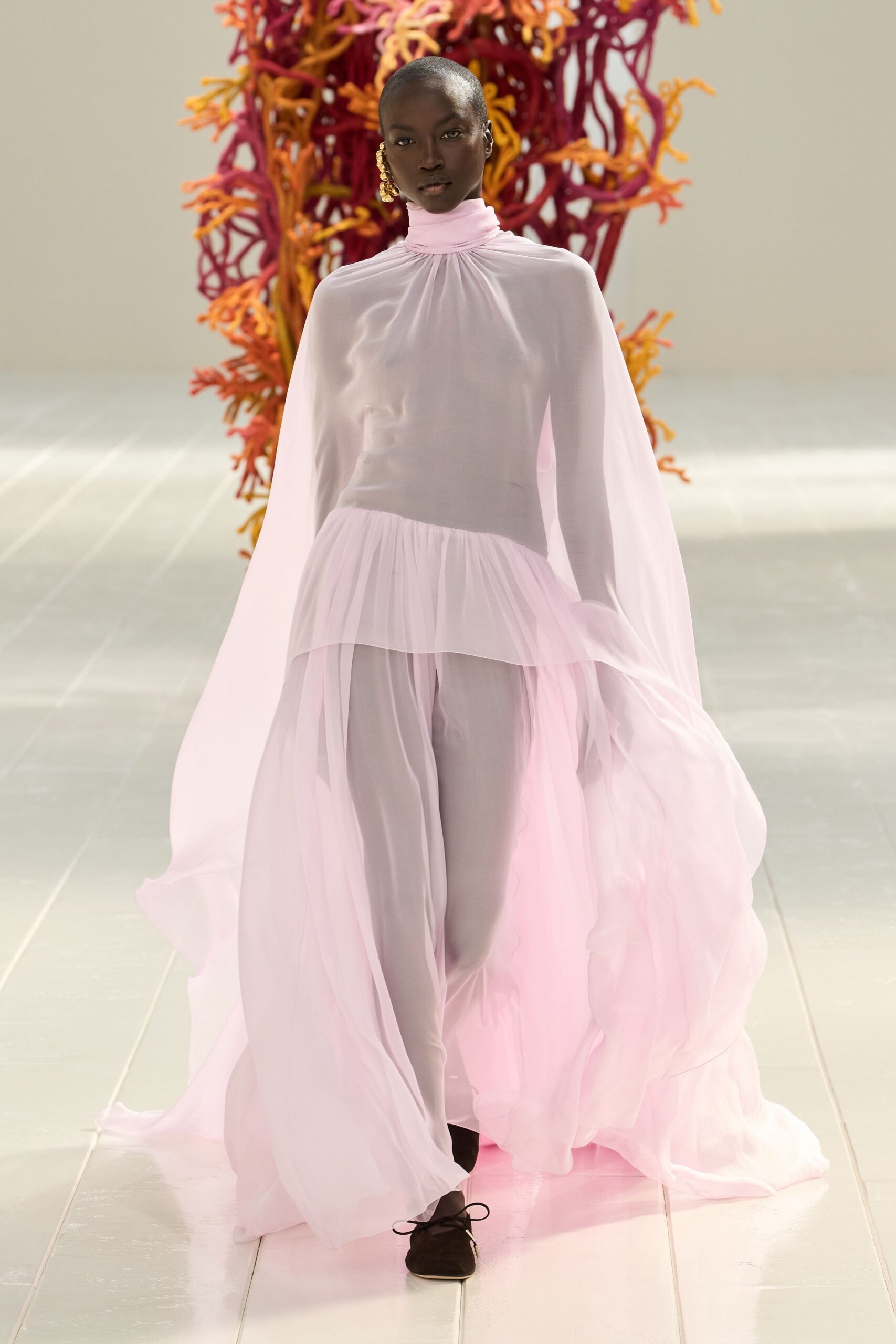 sheer pink high-neck cape gown