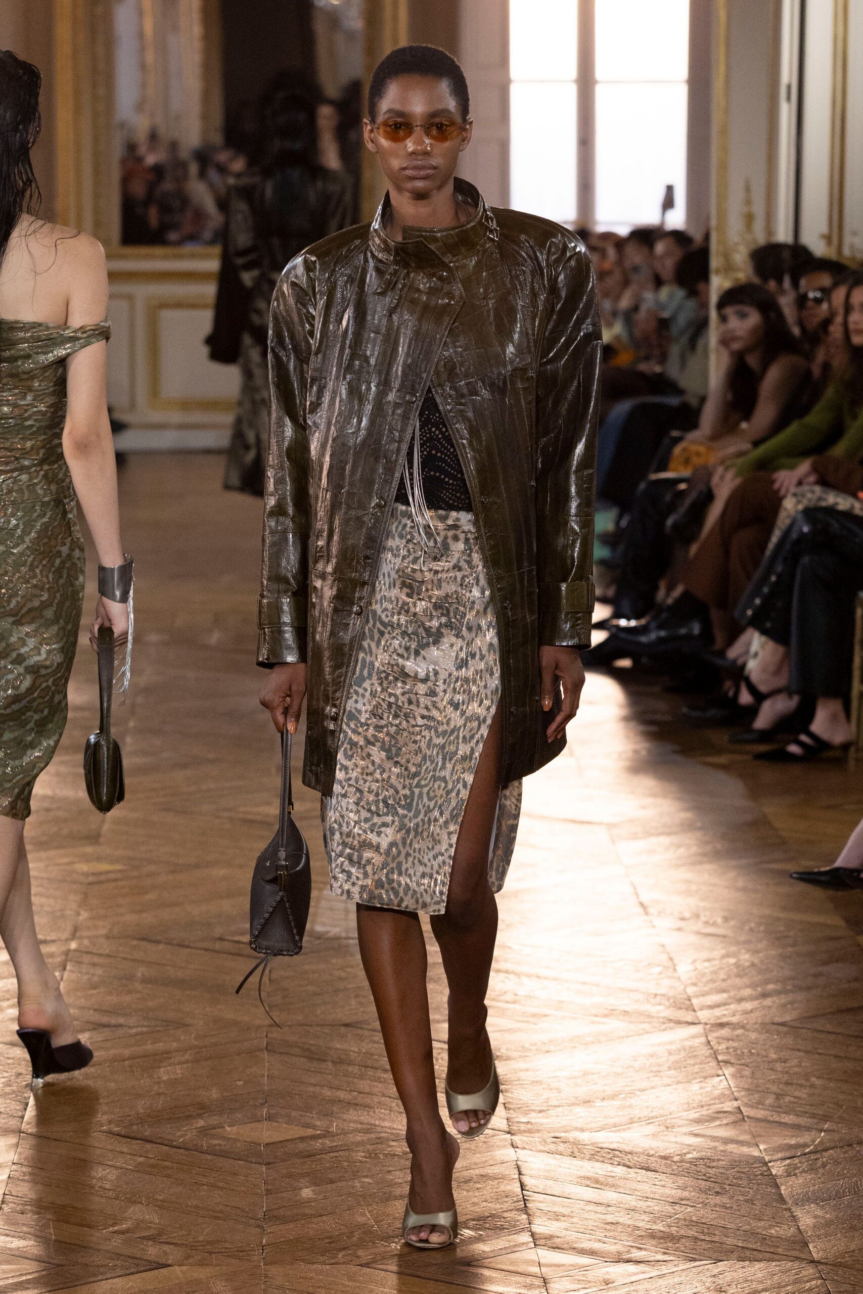 brown leather long-sleeve high-neck relaxed panelled shiny coat