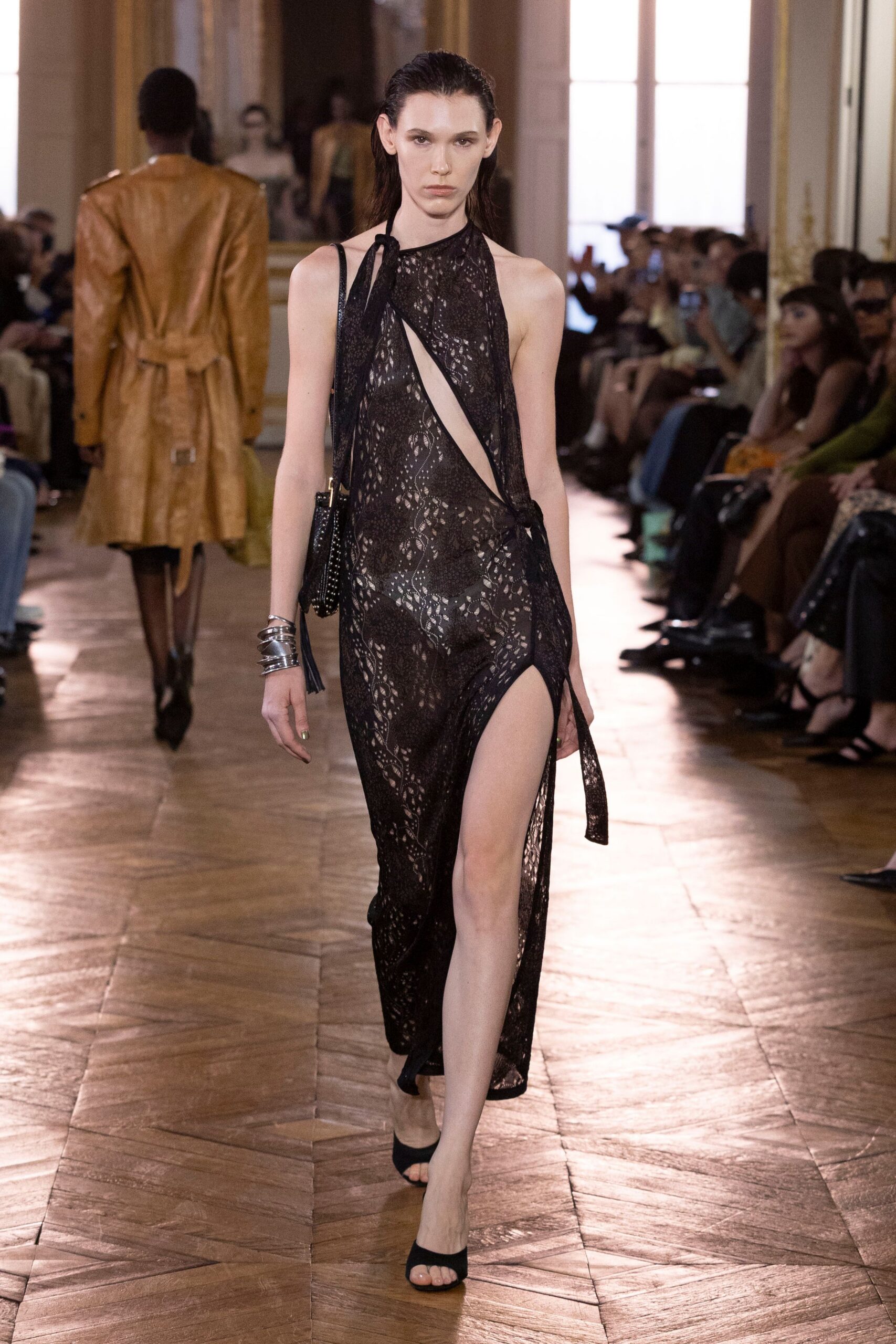 black lace halter high-neck fitted draped dress