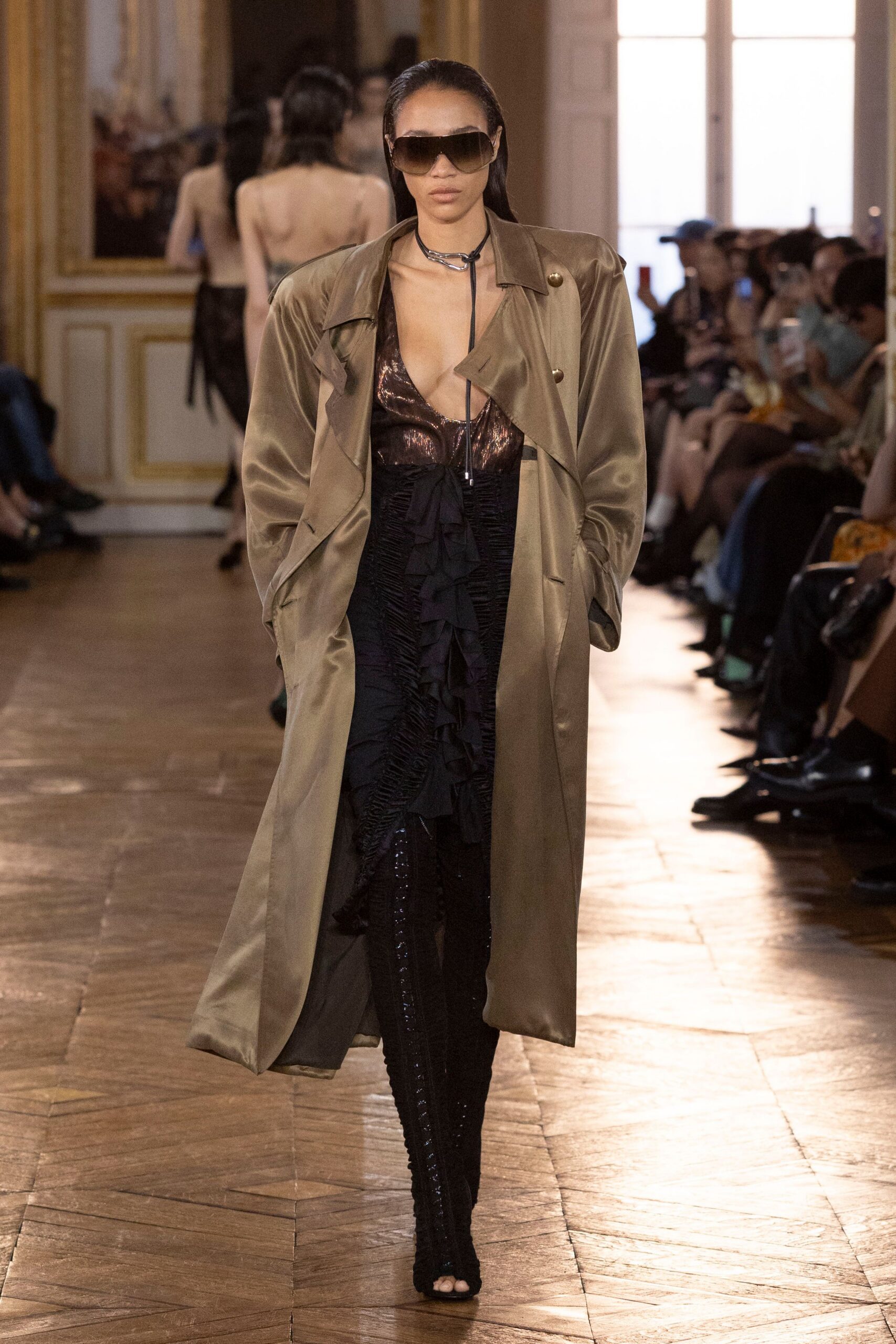 beige satin long-sleeve collared oversized shiny flowing coat