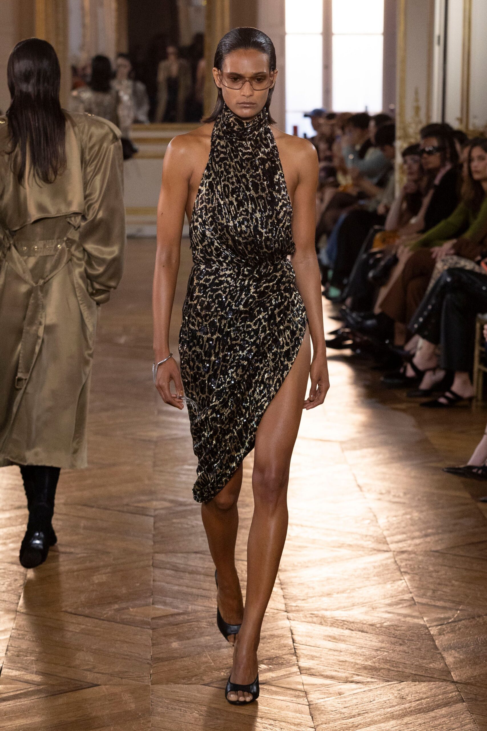 black sequin halter high-neck fitted sequined draped dress