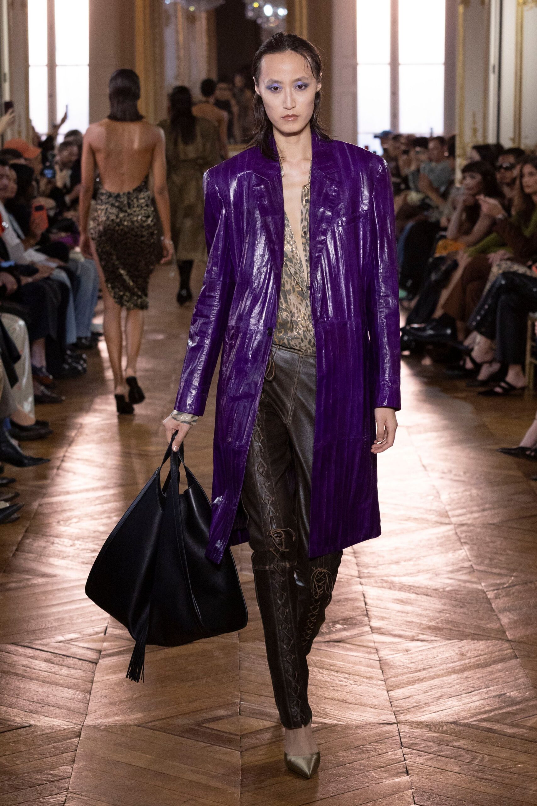 purple leather long-sleeve open-front relaxed panelled shiny coat