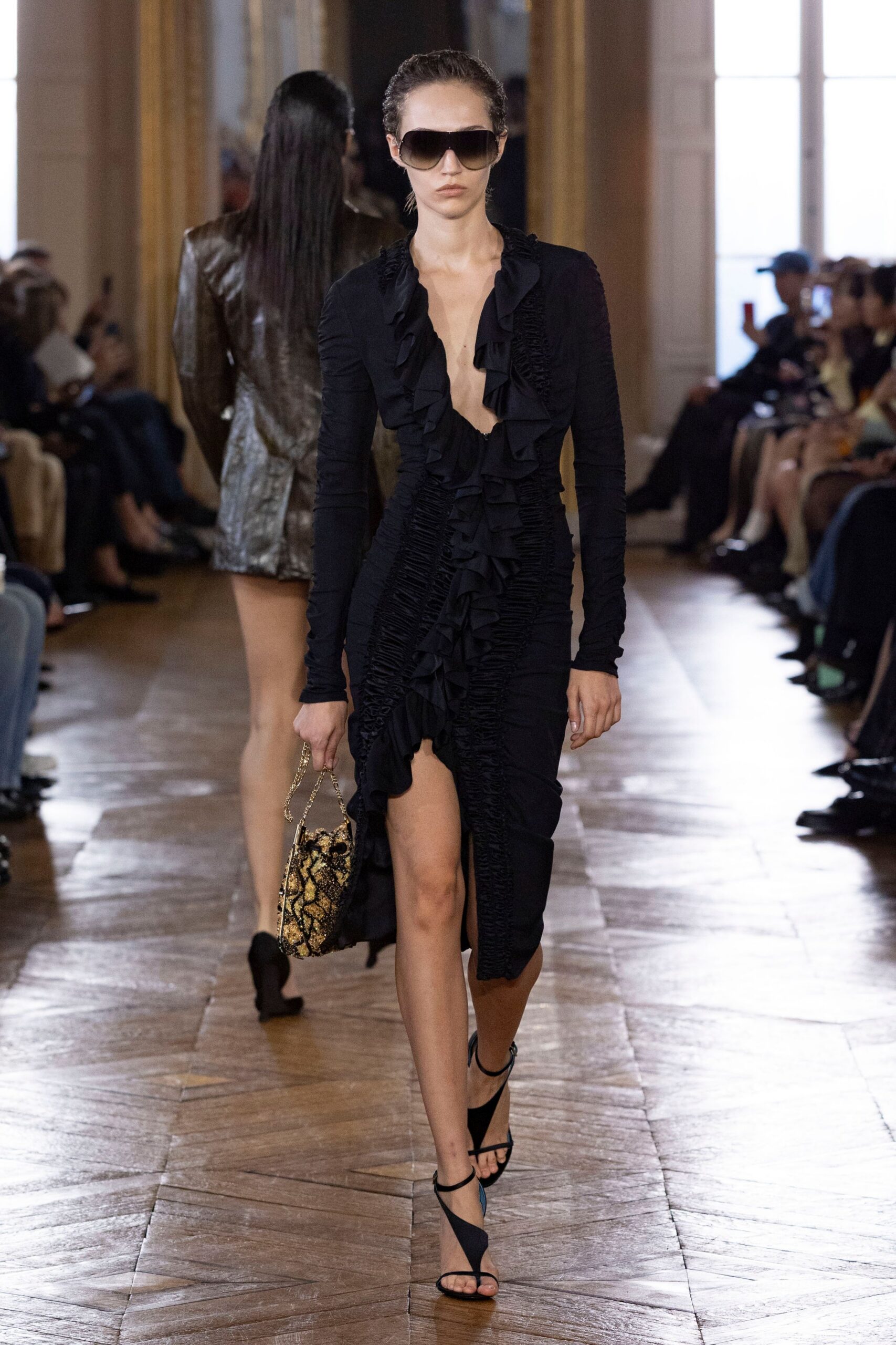 black jersey long-sleeve low-cut fitted ruffled ruched dress