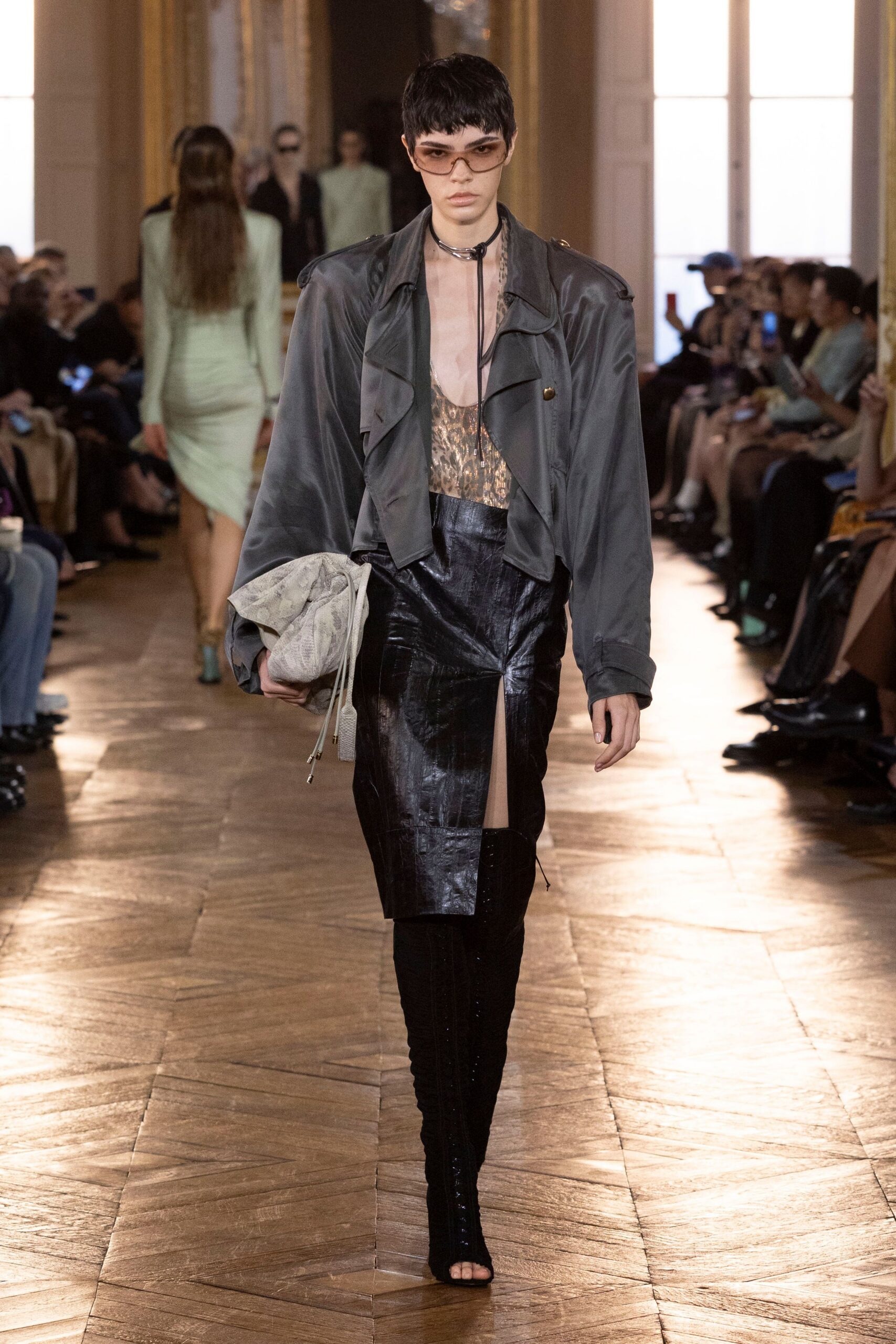 gray satin long-sleeve collared relaxed draped jacket