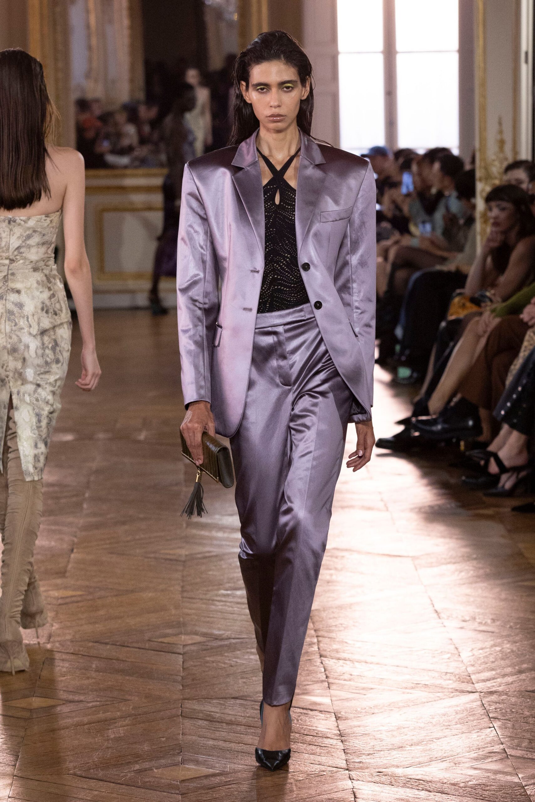 lavender satin long-sleeve collared tailored buttoned shiny blazer