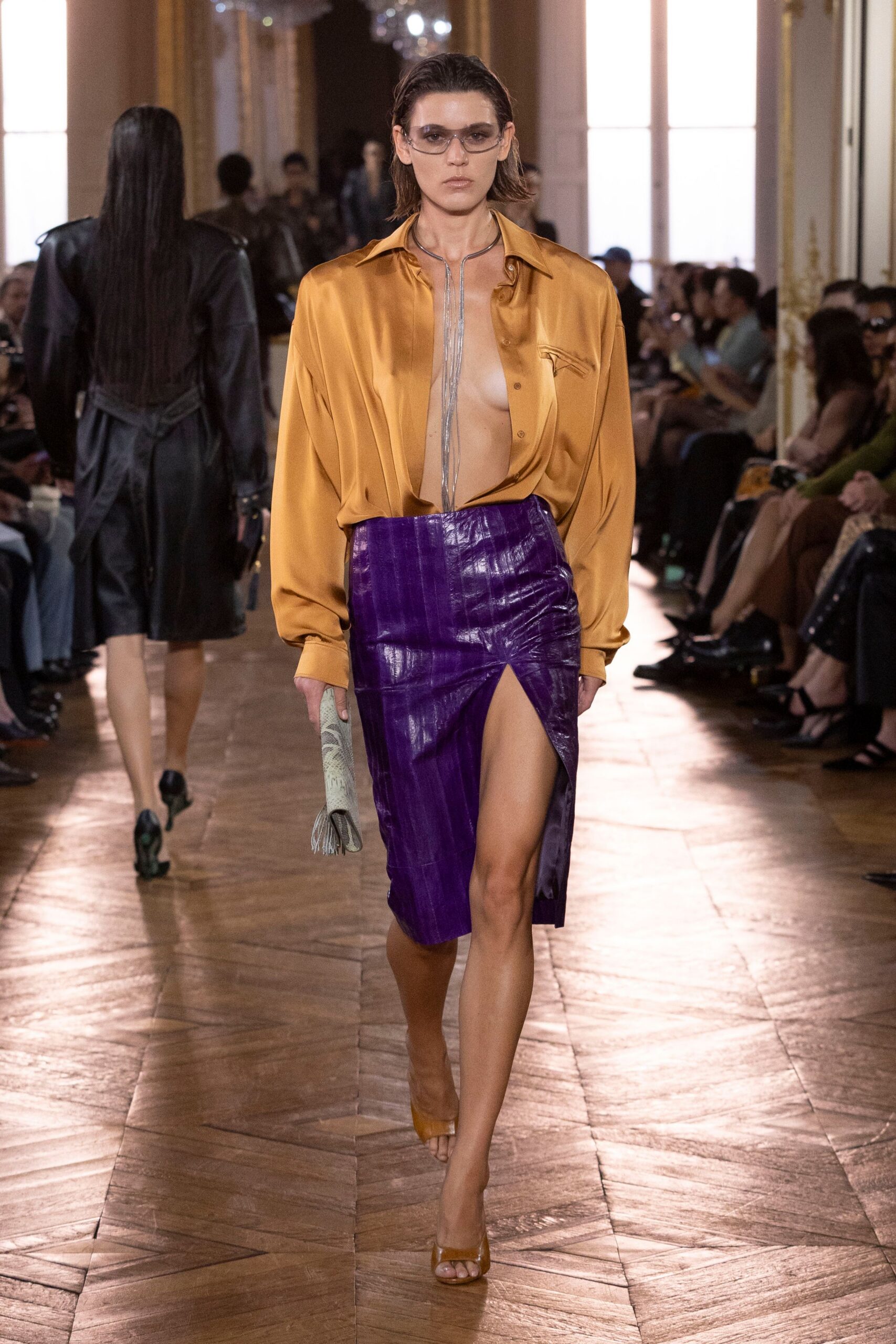 yellow satin long-sleeve collared relaxed buttoned shirt