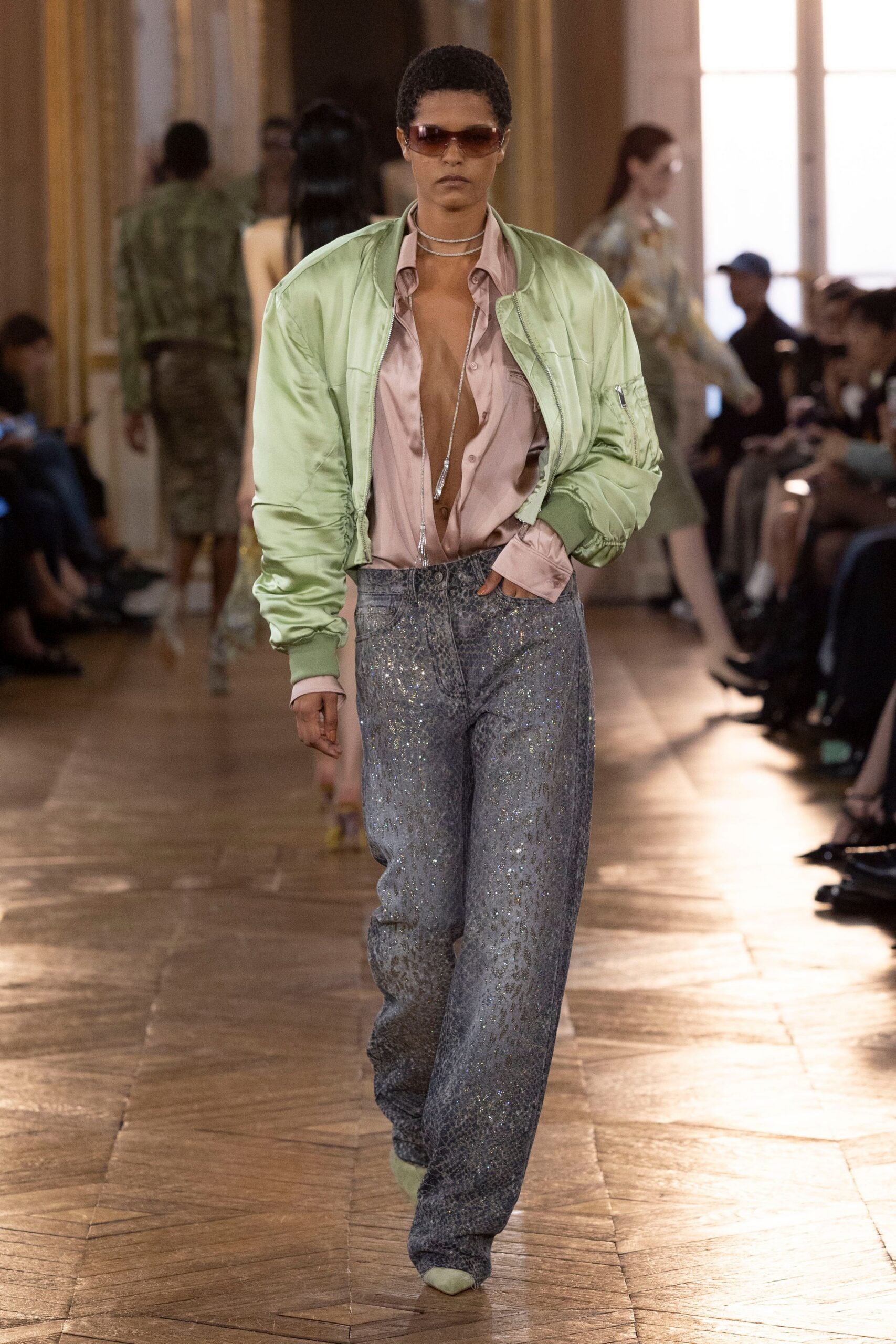 pink satin long-sleeve collared buttoned shiny shirt