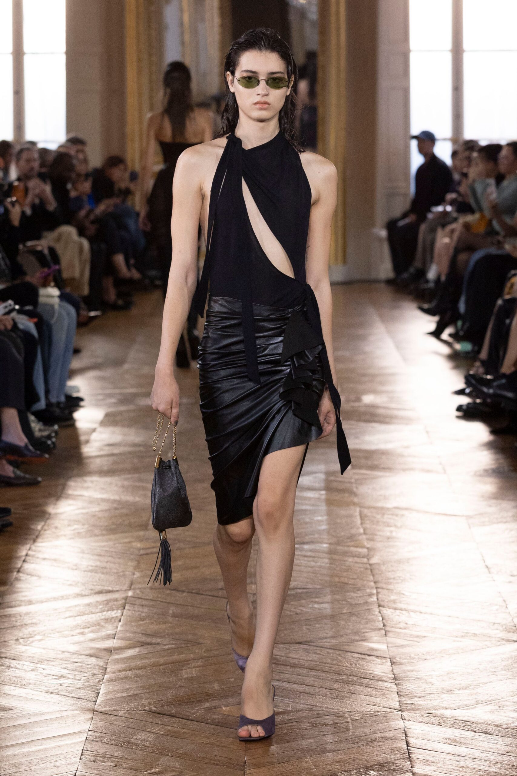 black jersey halter asymmetric fitted draped ruched dress