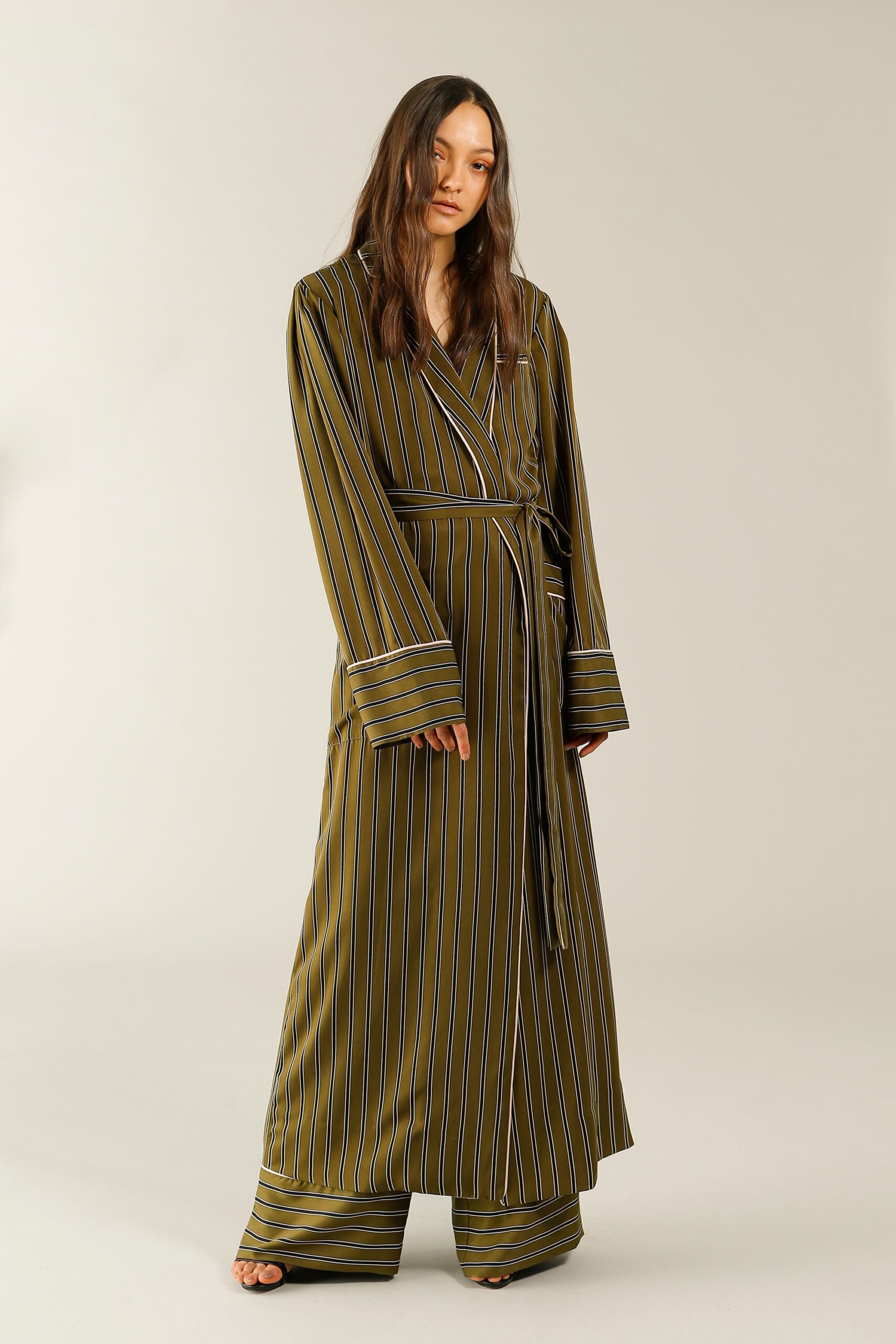 green satin long-sleeve collared relaxed striped belted coat