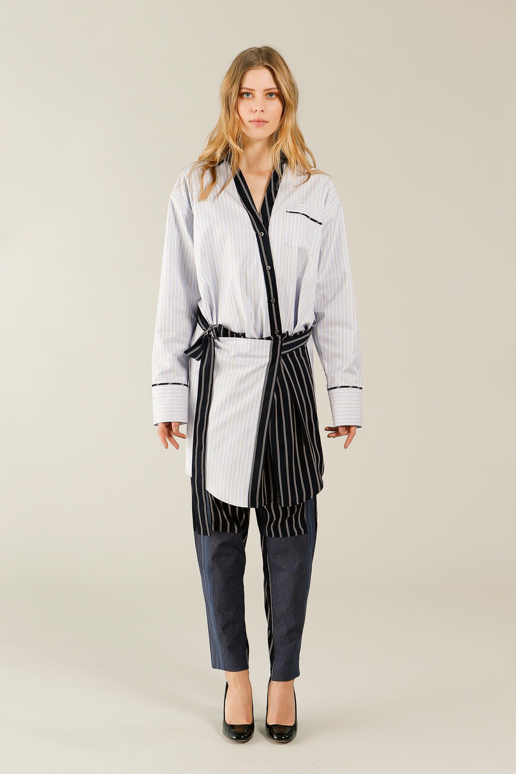 white long-sleeve collared relaxed striped buttoned shirt