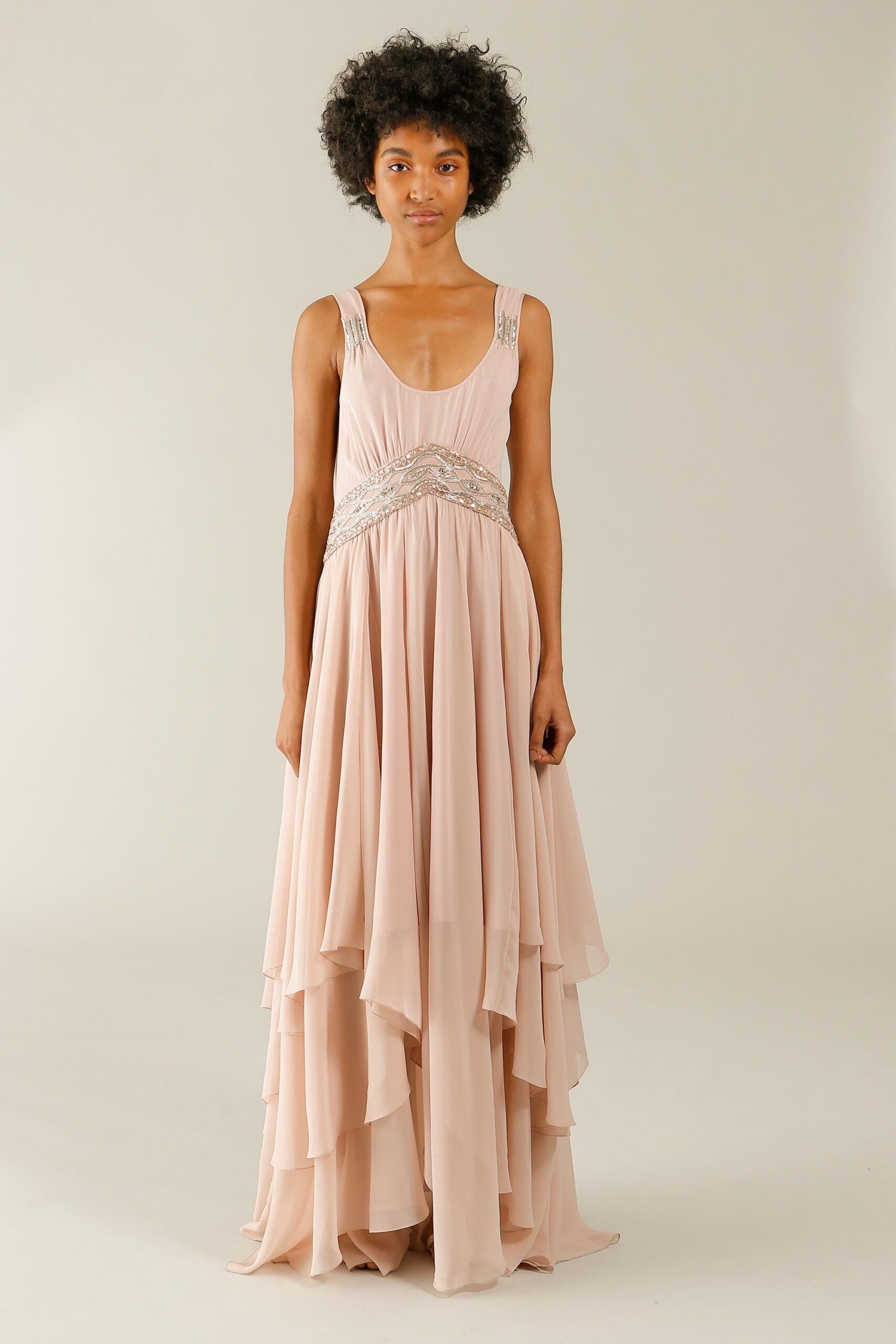 beaded blush chiffon evening gown