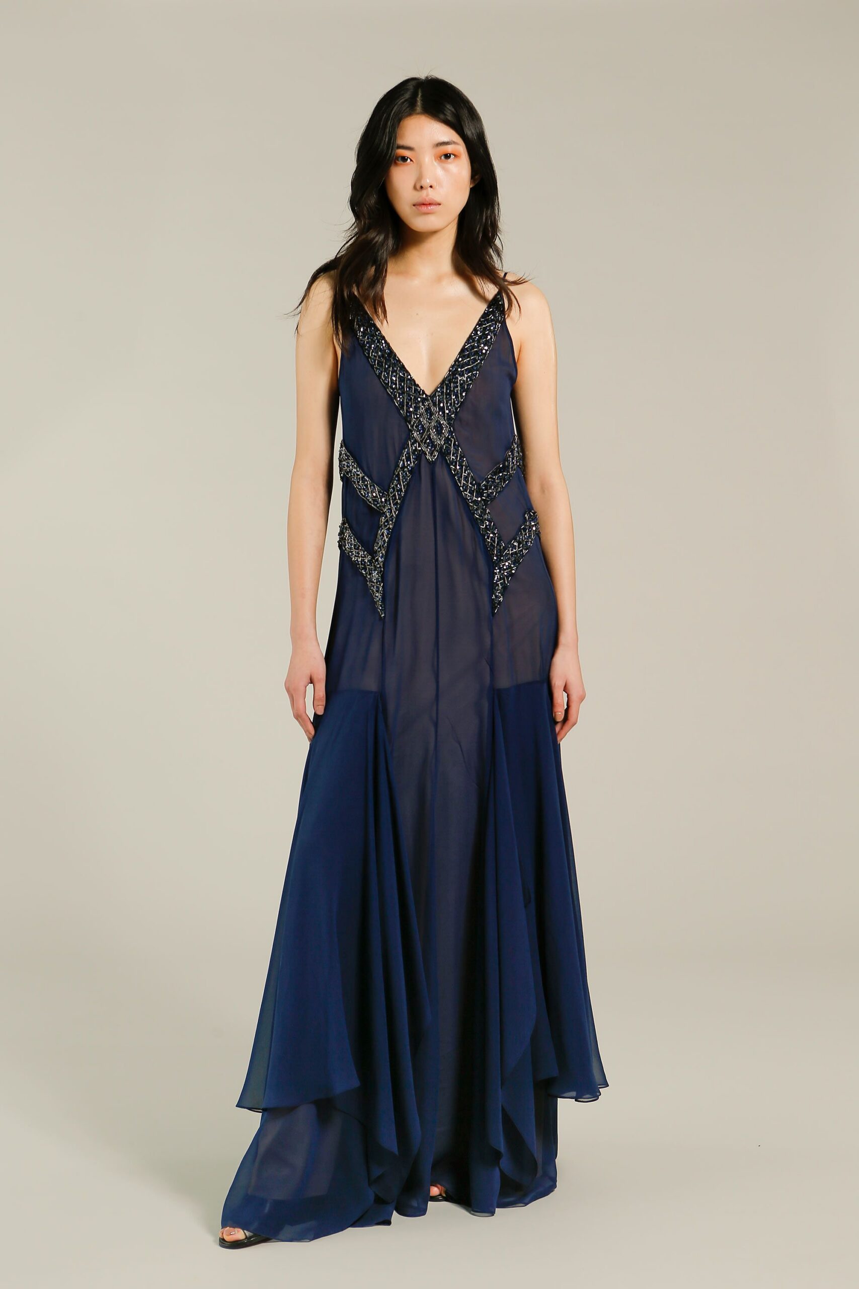blue chiffon spaghetti-strap v-neck beaded layered gown