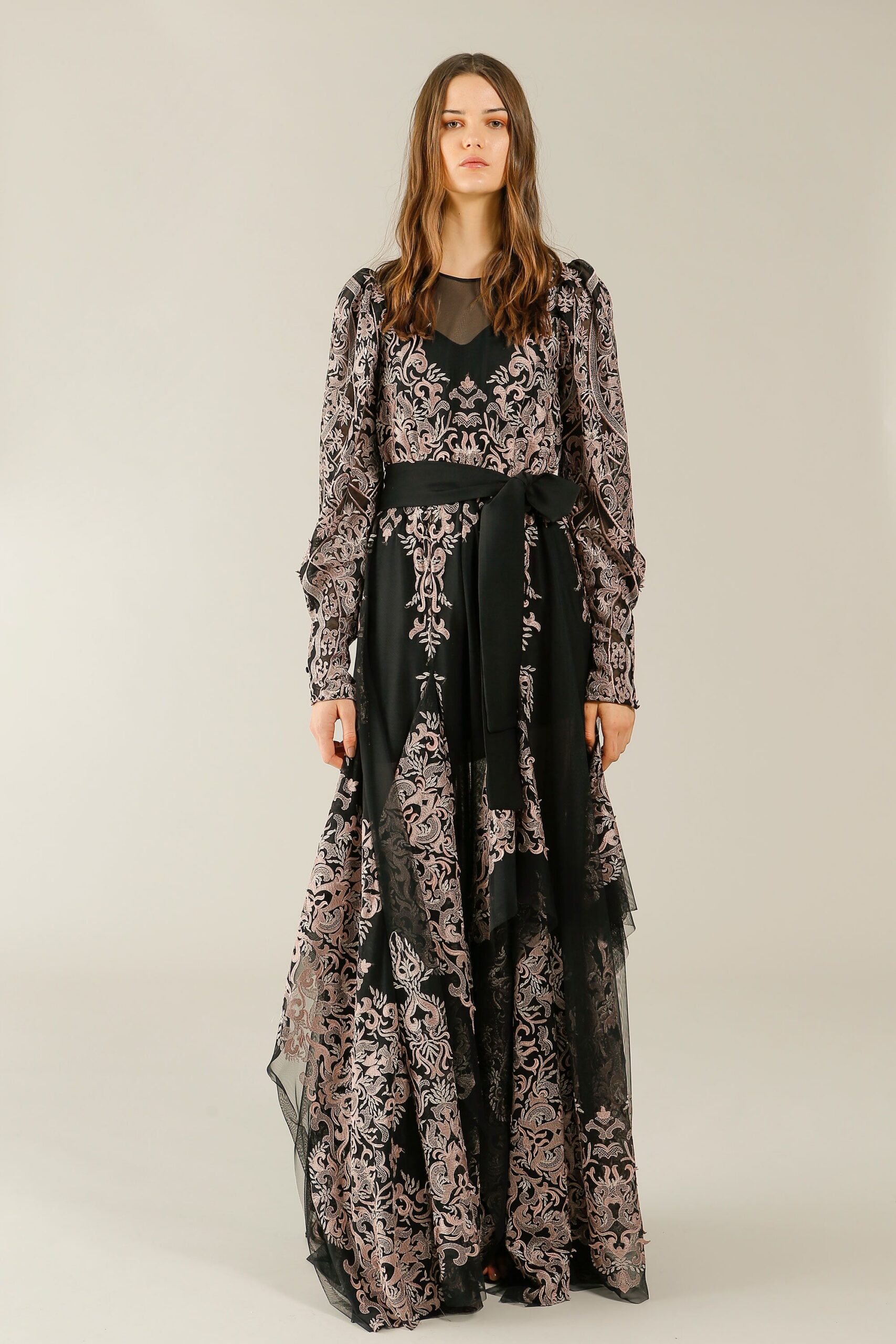 black mesh long-sleeve high-neck printed belted gown