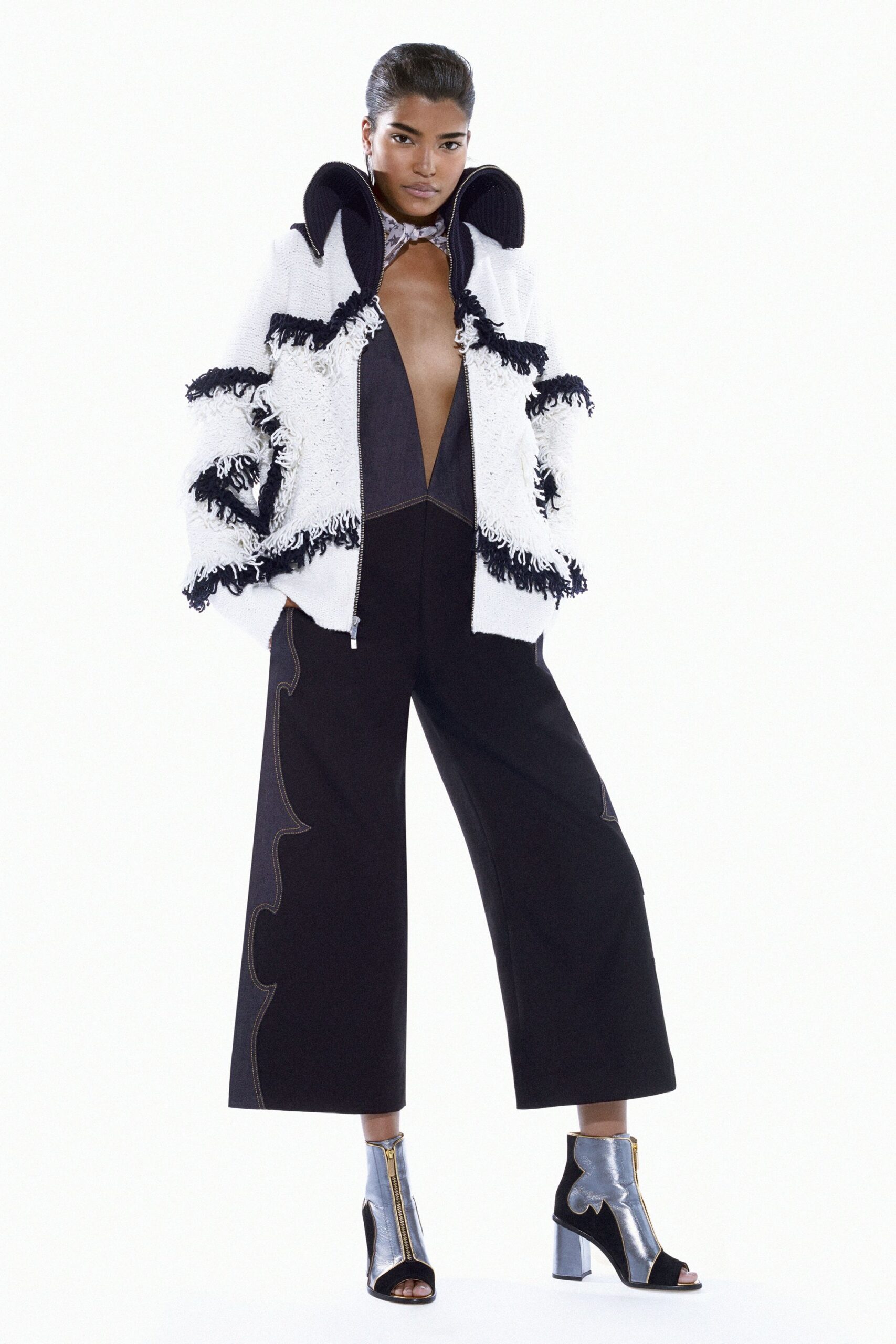fringed high-collar knit jacket