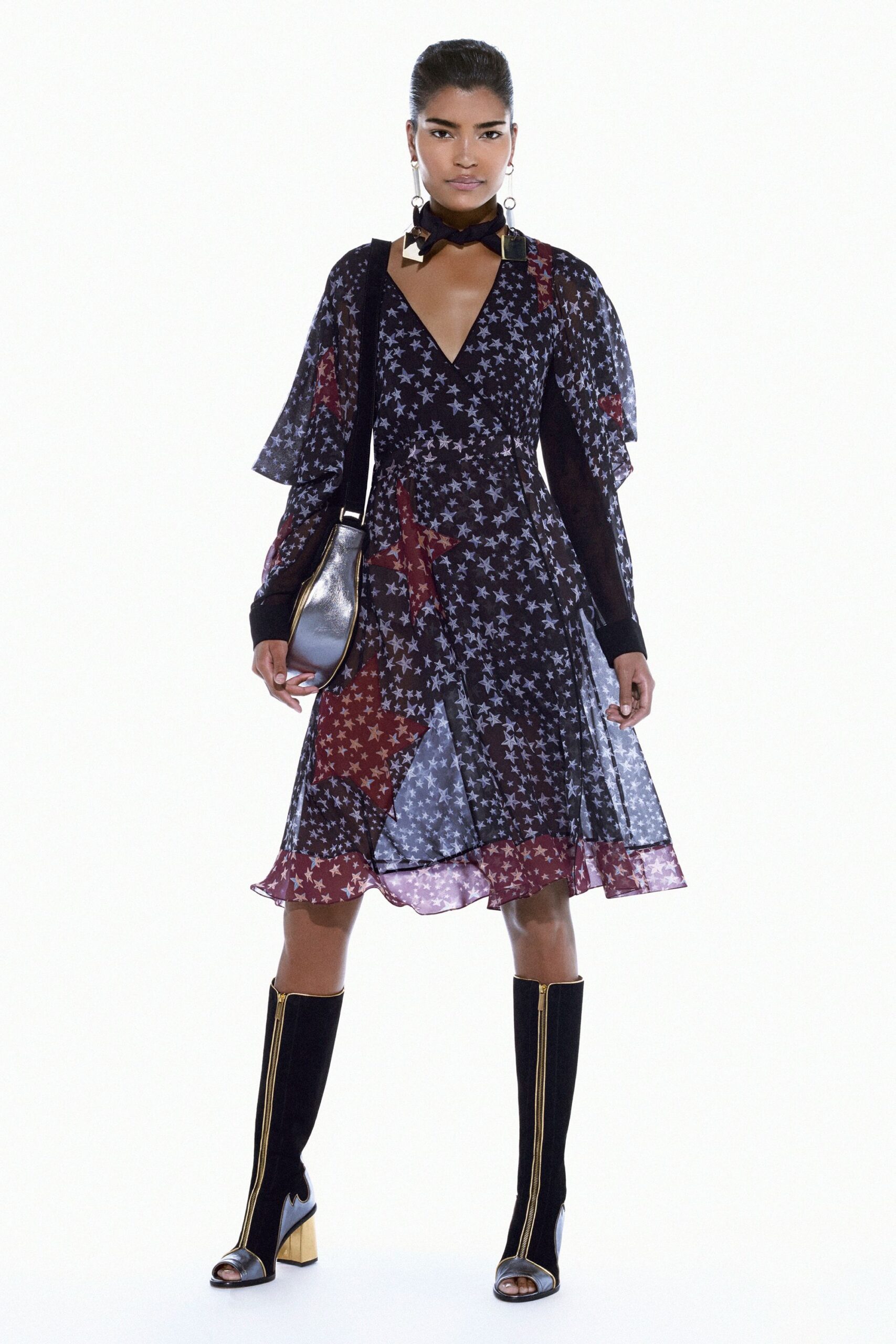 star-print chiffon wrap dress