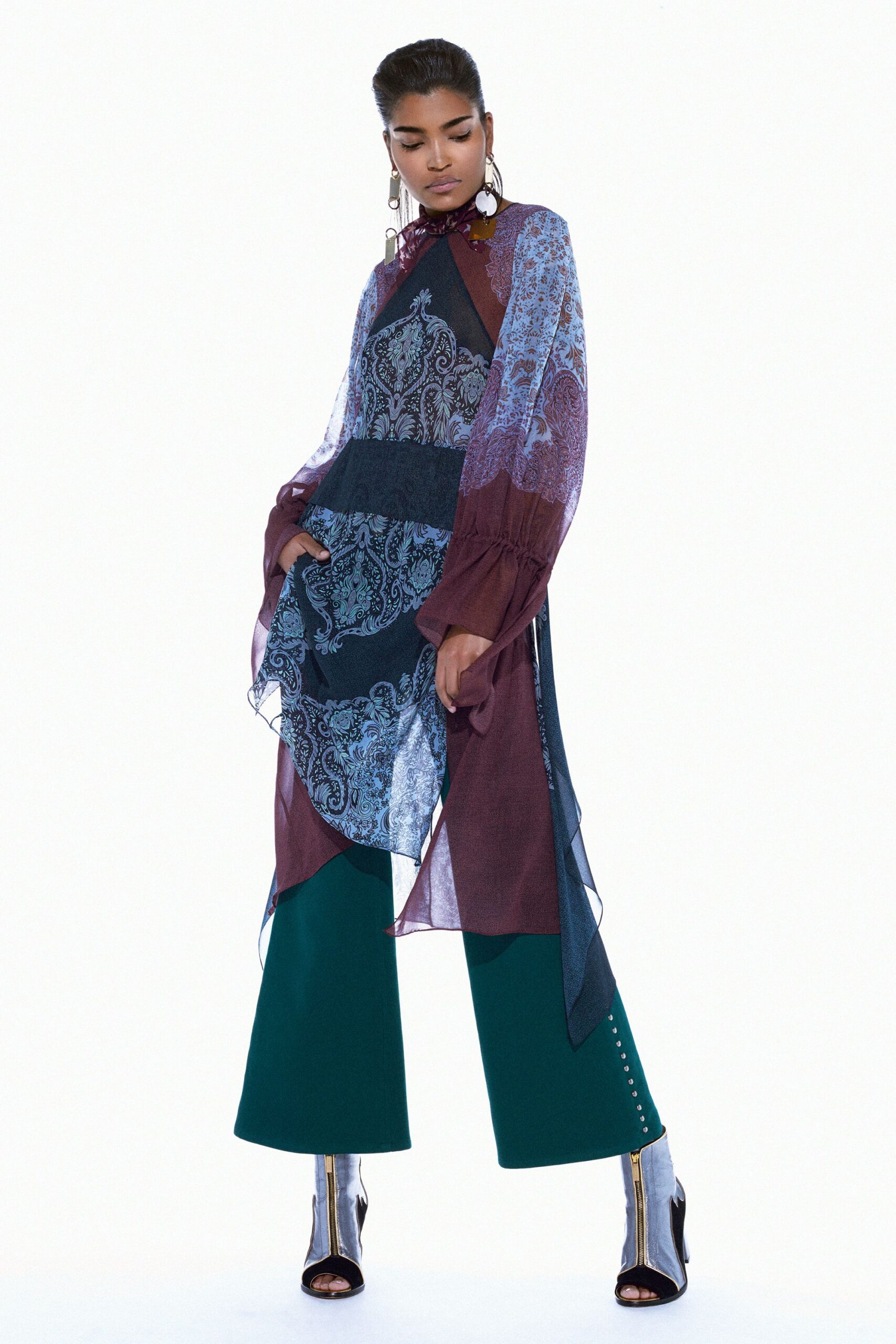 printed sheer scarf-panel dress
