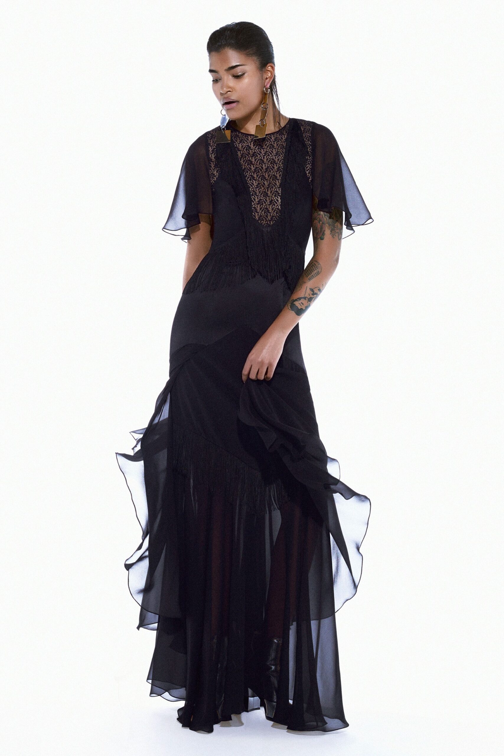 black fringed sheer chiffon evening gown