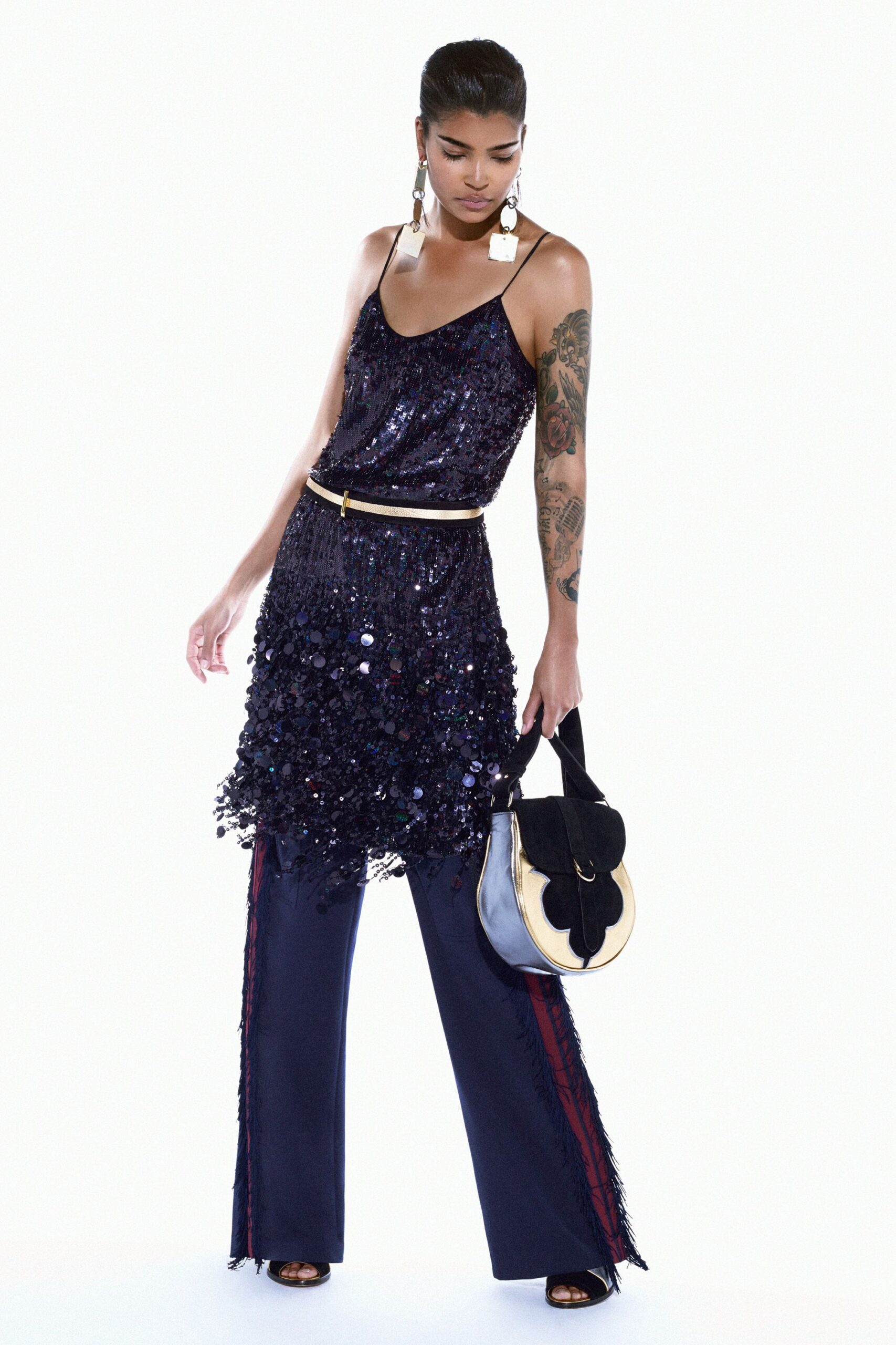 blue sequin spaghetti-strap scoop-neck sequined shiny textured top