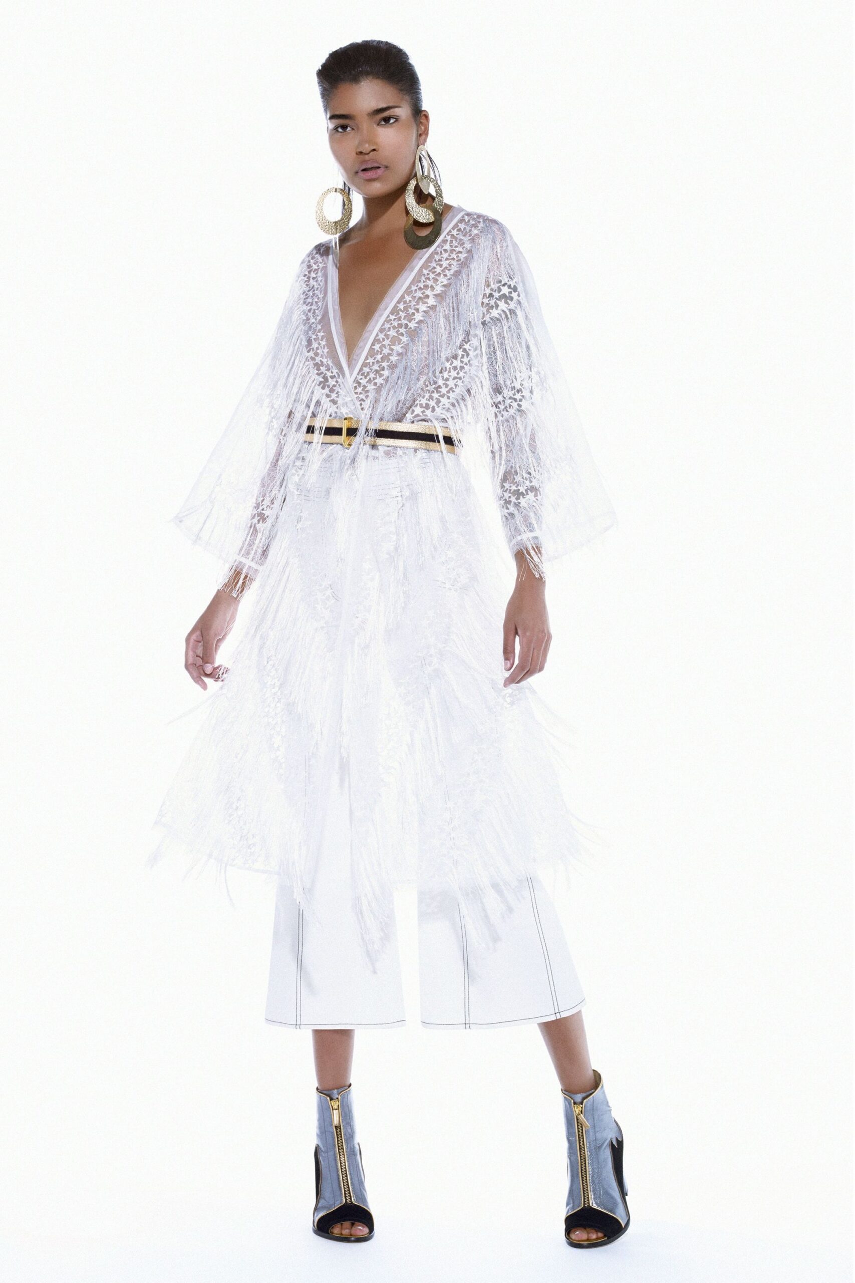 feathered sheer lace maxi dress