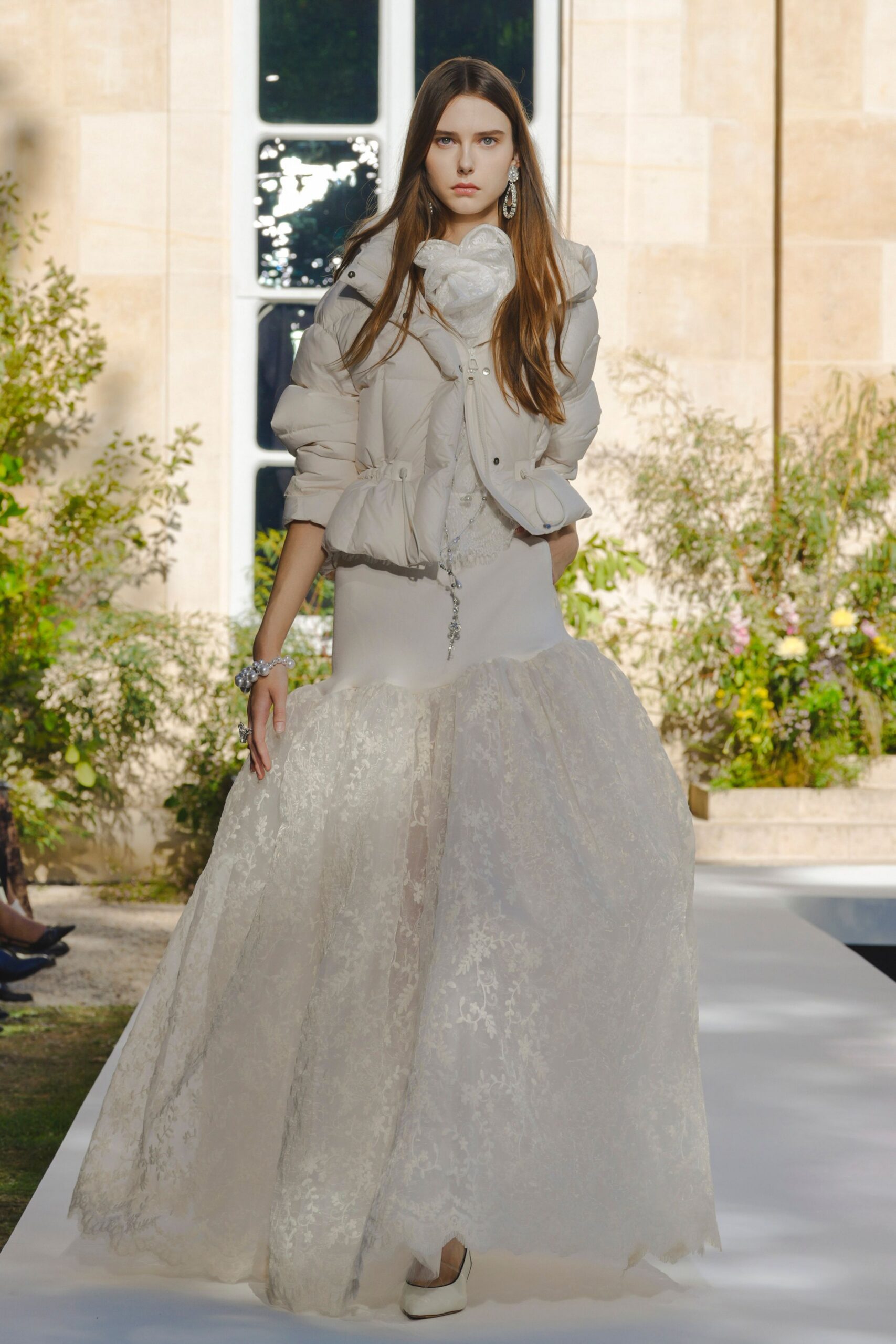 white lace sleeveless high-neck embroidered tiered gown