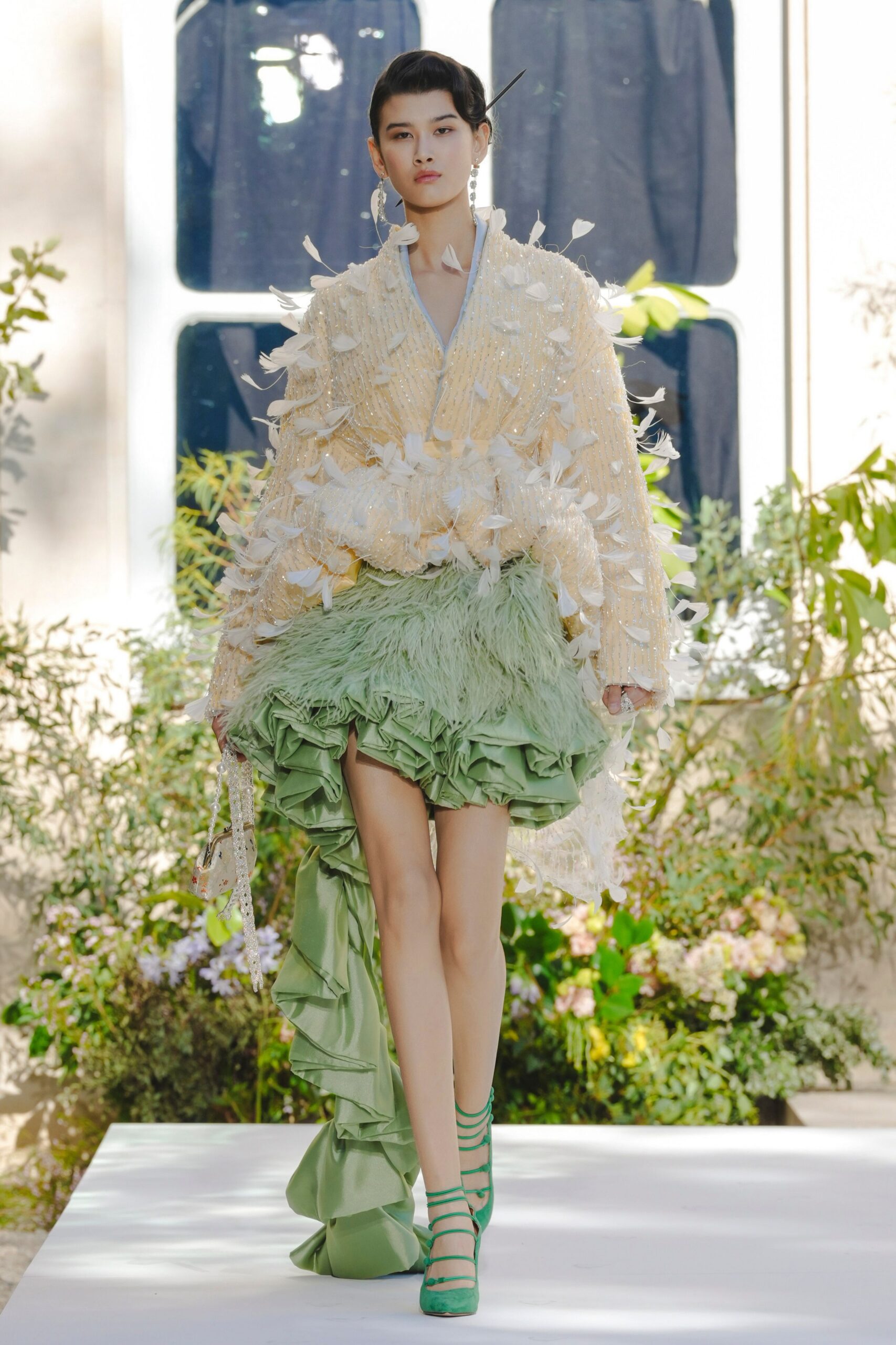 feathered sequin high-low evening dress