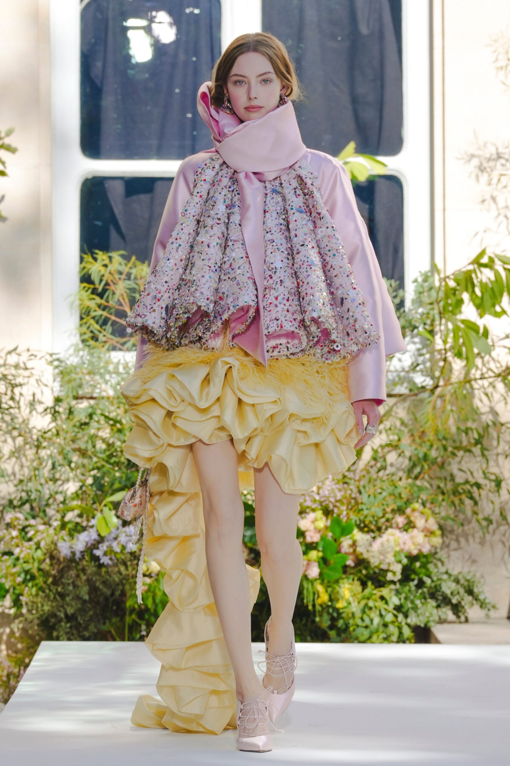 pink sequined ruffle train dress