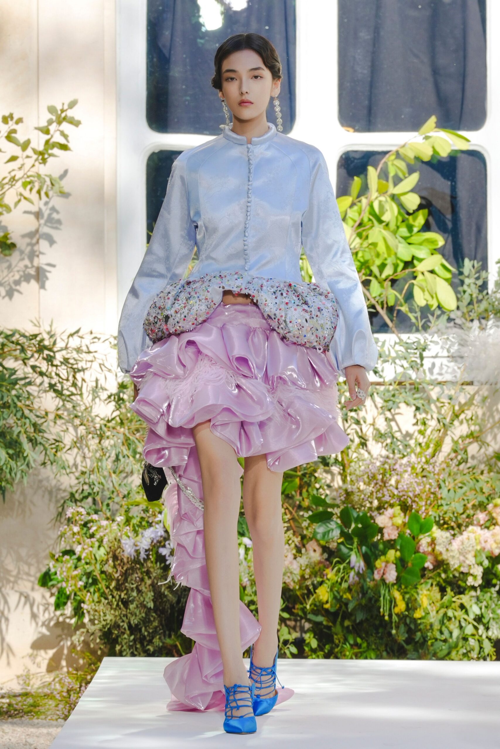 pink high-low ruffled bubble skirt