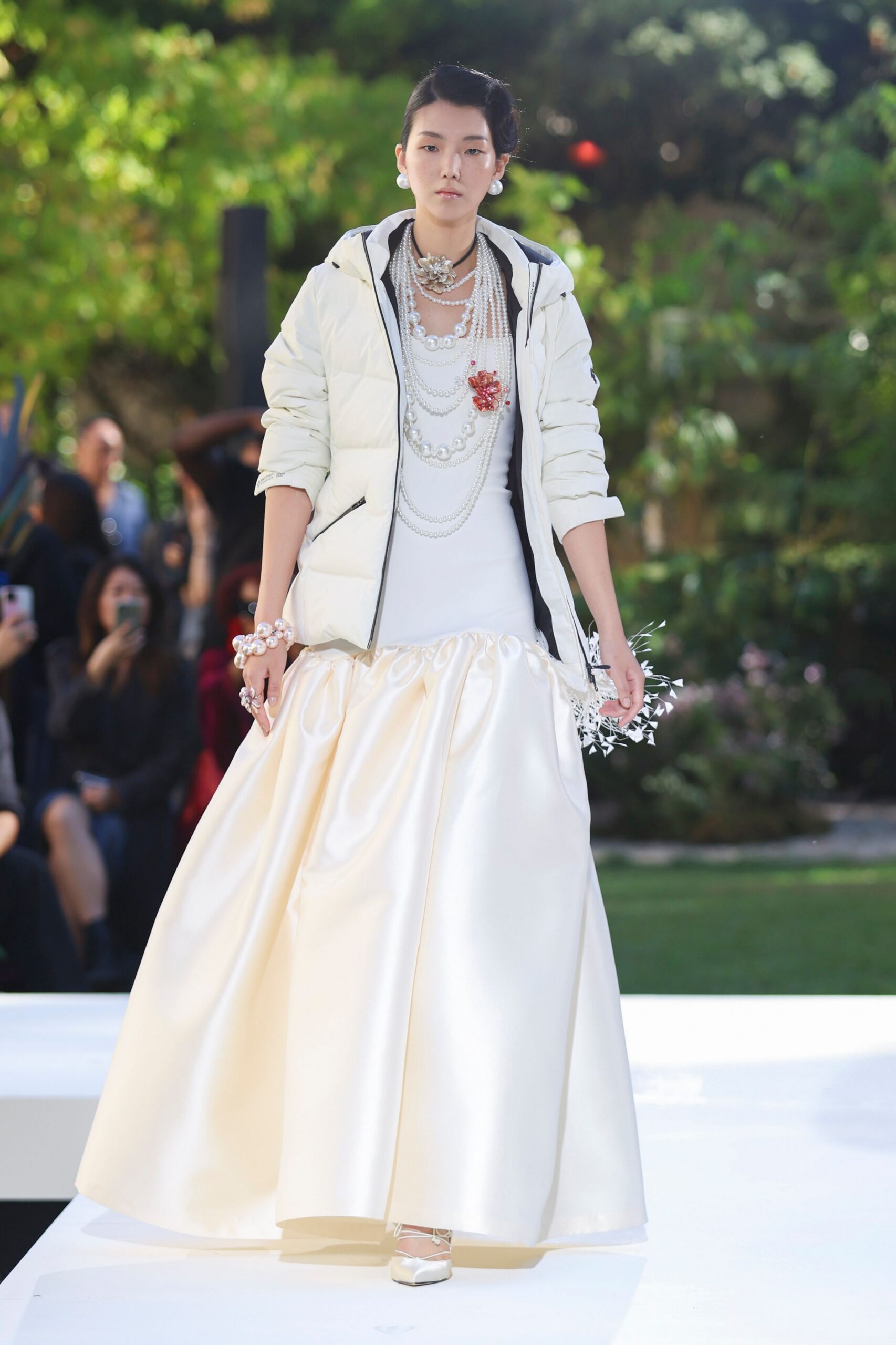 white satin sleeveless scoop-neck ruched tiered shiny gown