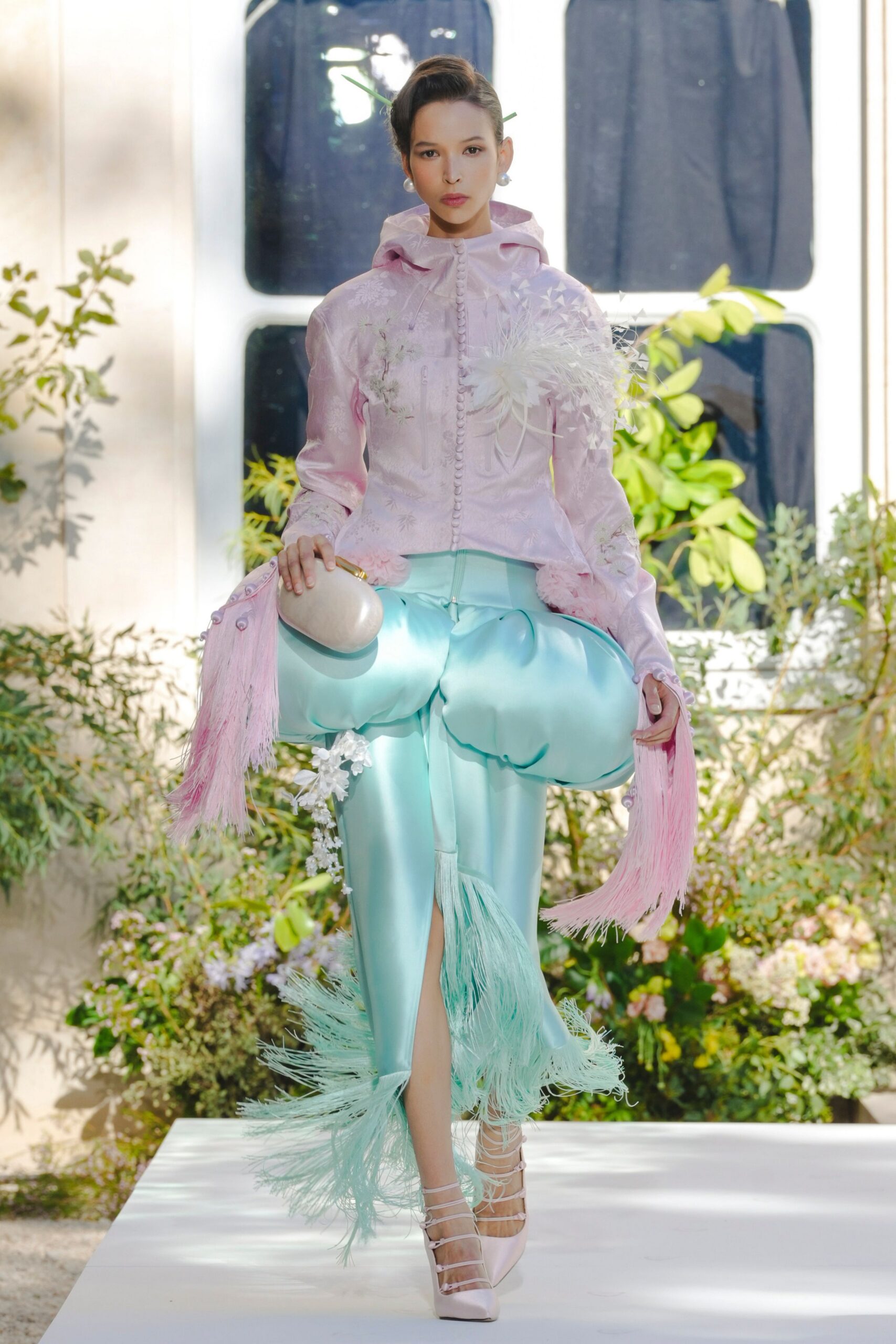 pink brocade mandarin-collar jacket
