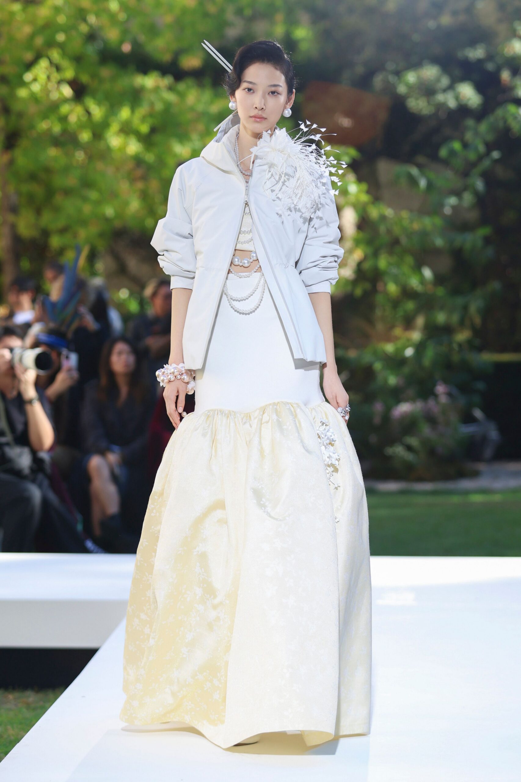 white satin sleeveless printed tiered shiny maxi gown