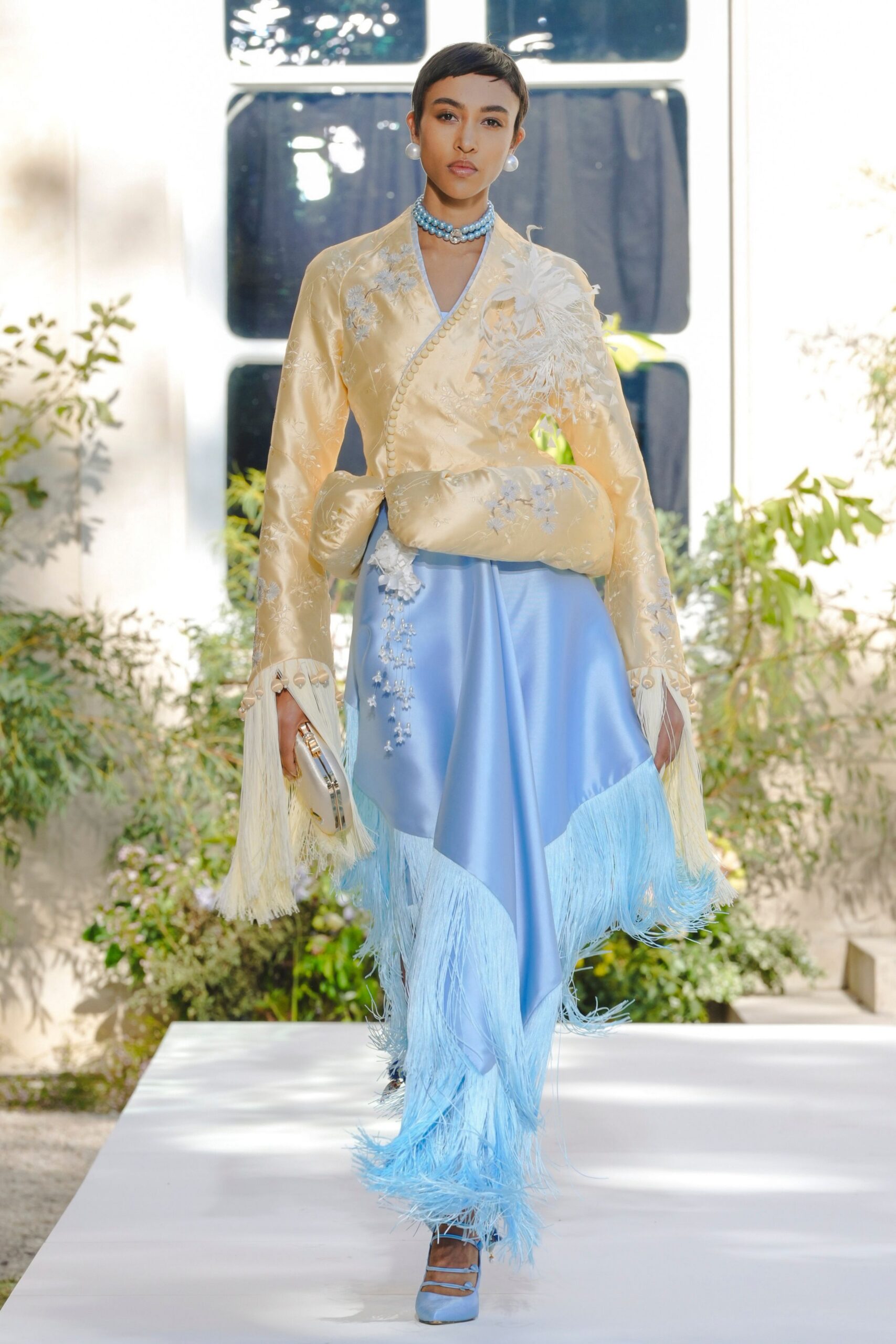 feather-trim embroidered satin gown