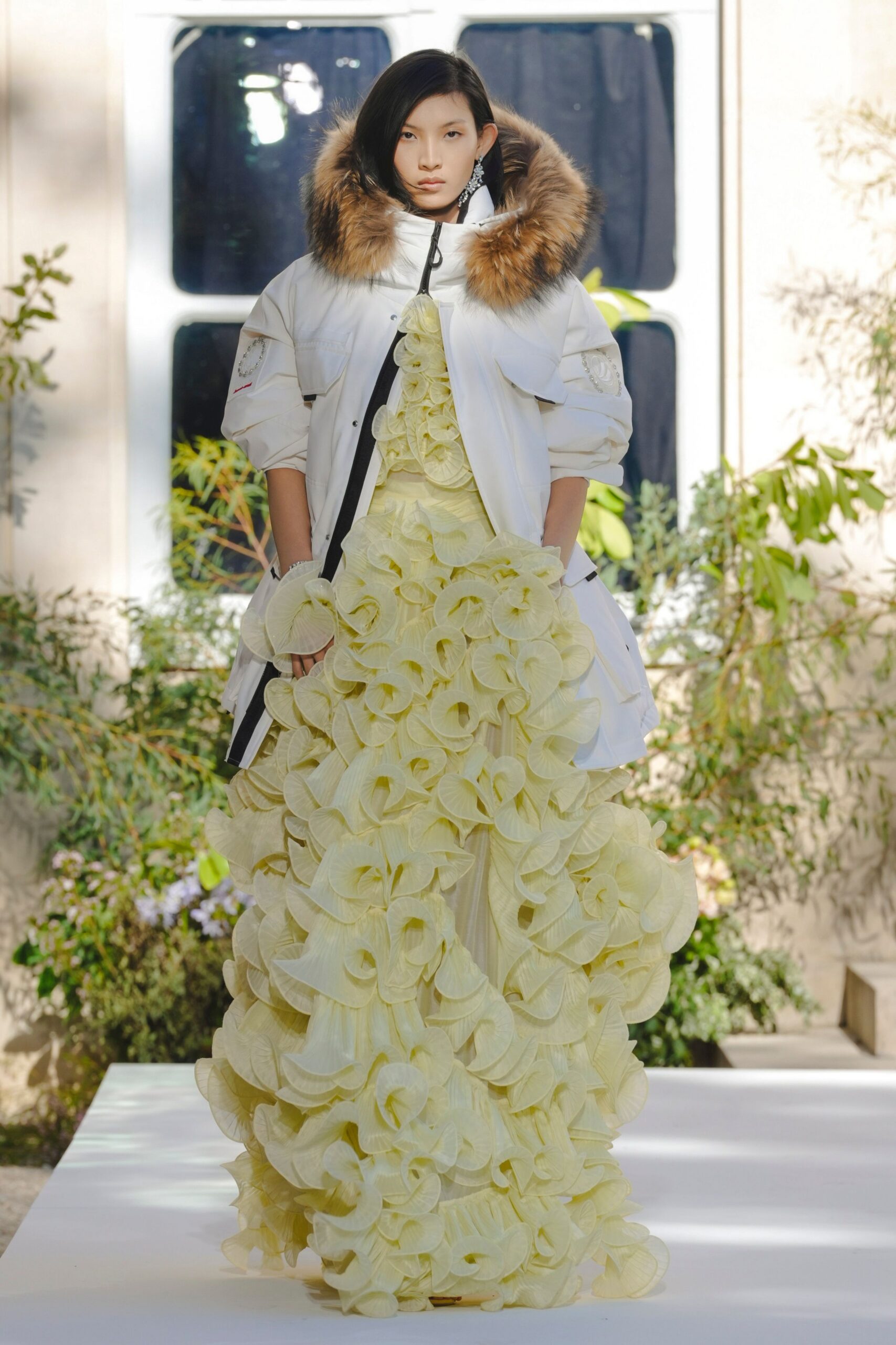 yellow rosette organza evening gown
