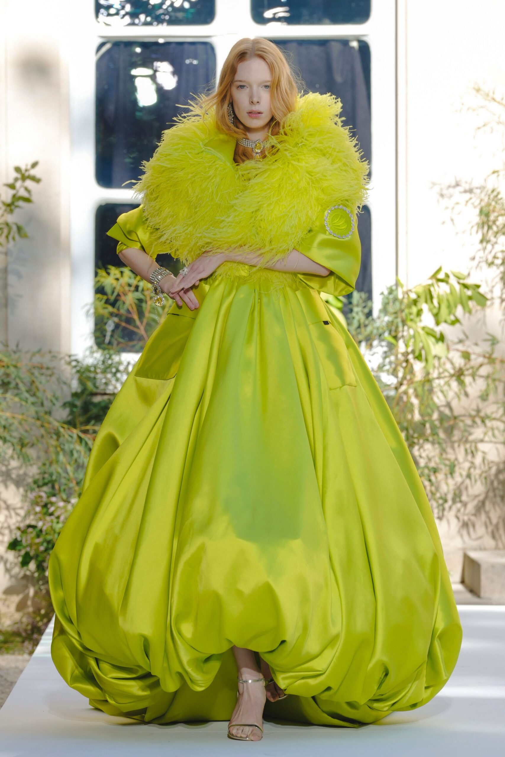 chartreuse feather cape ball gown