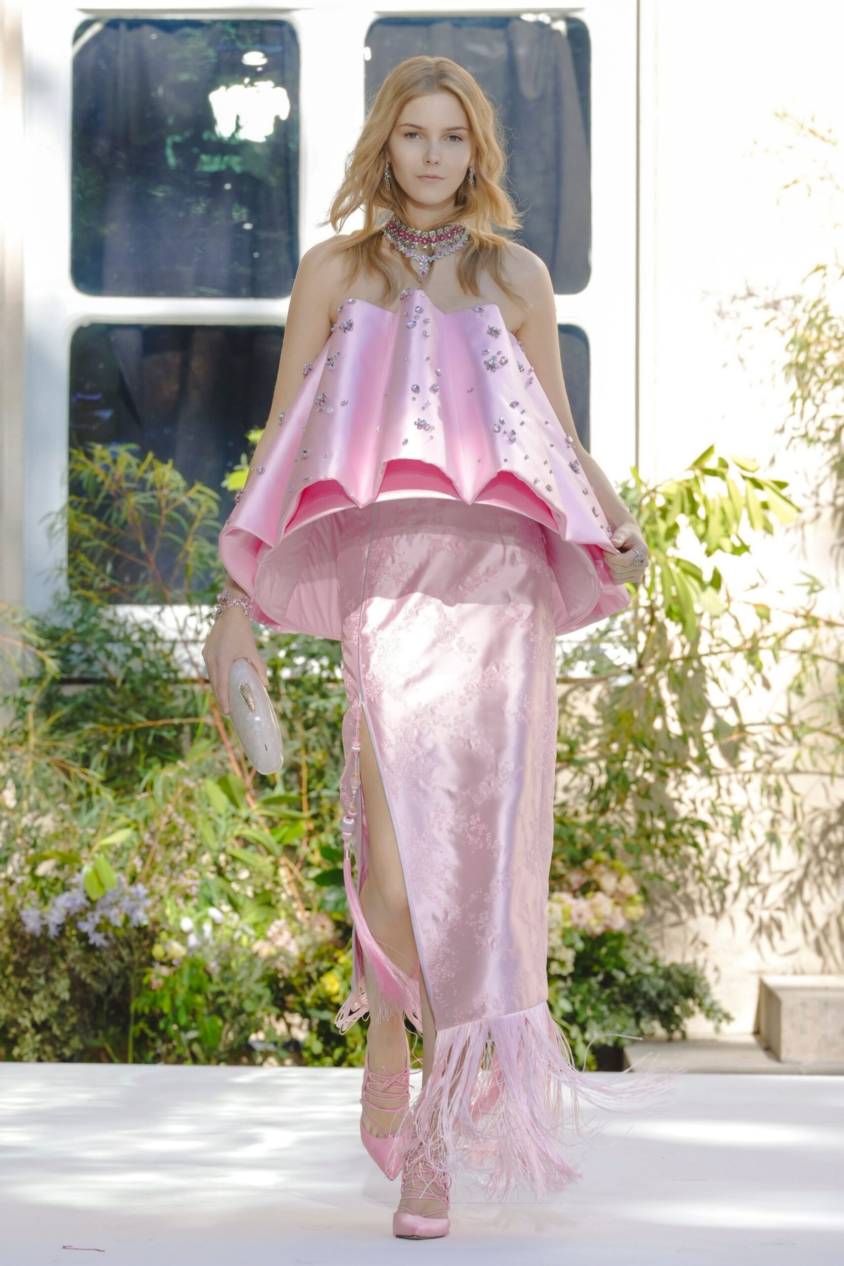 pink strapless peplum evening gown