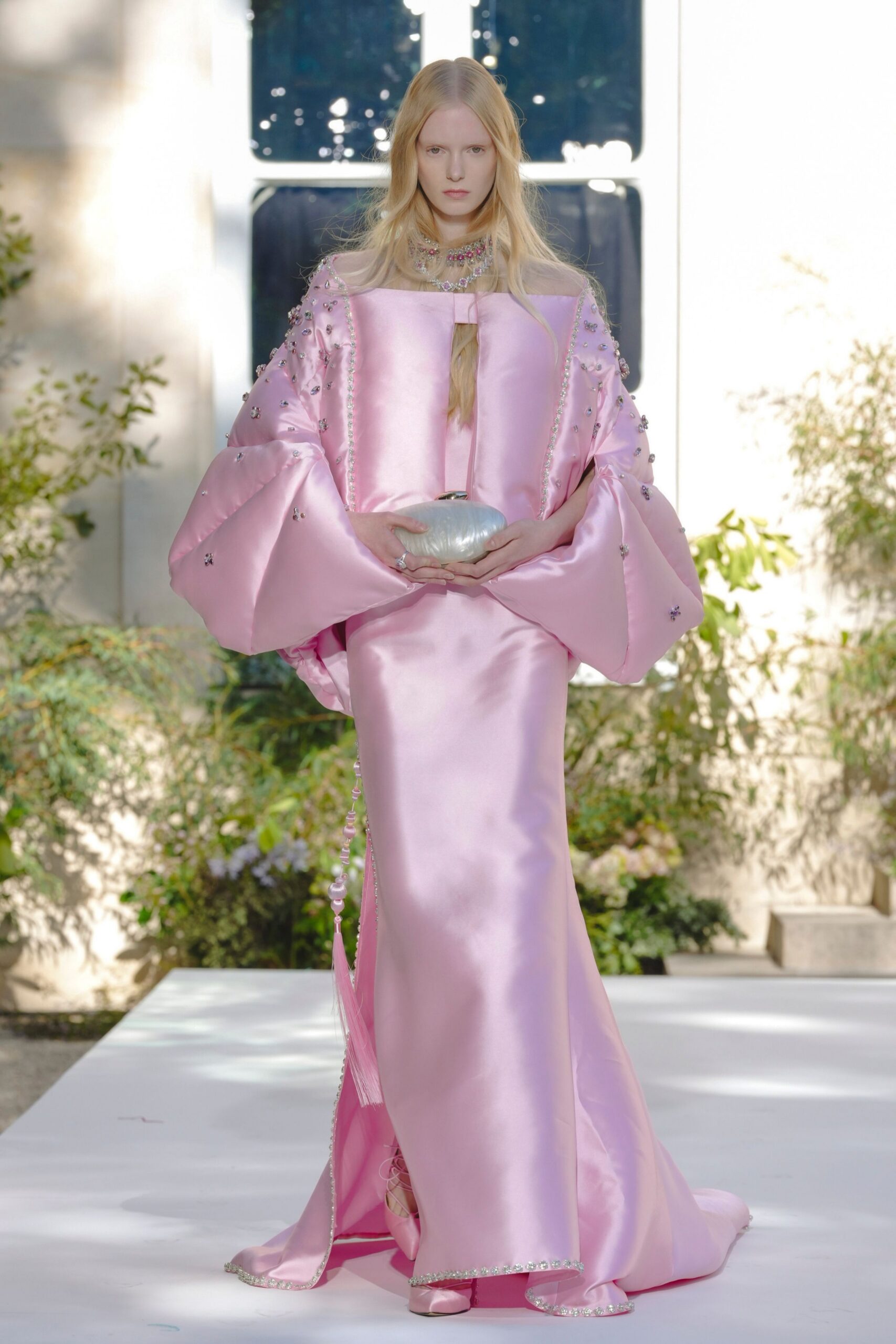 pink embellished satin evening gown