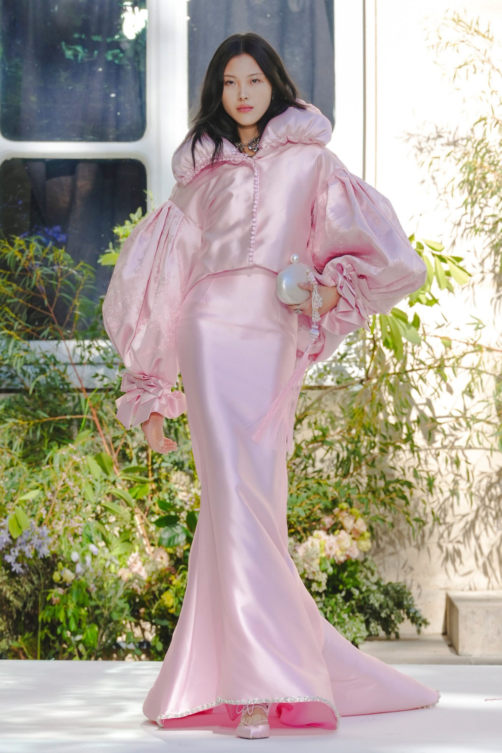 pink satin balloon-sleeve blouse
