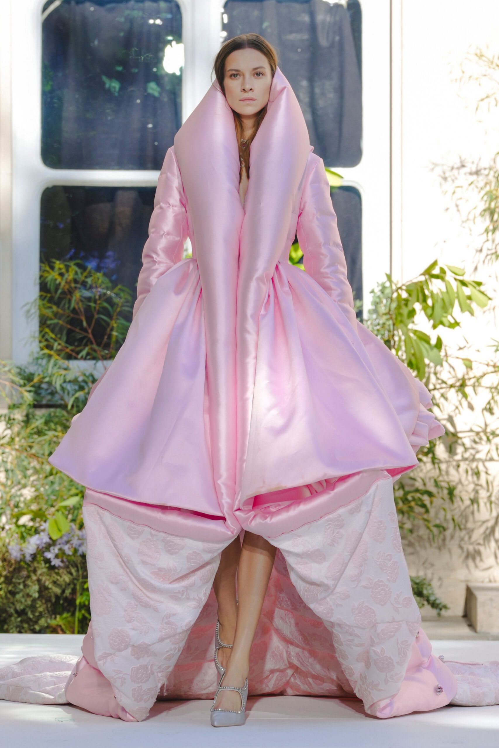 sculptural pink cocoon evening gown