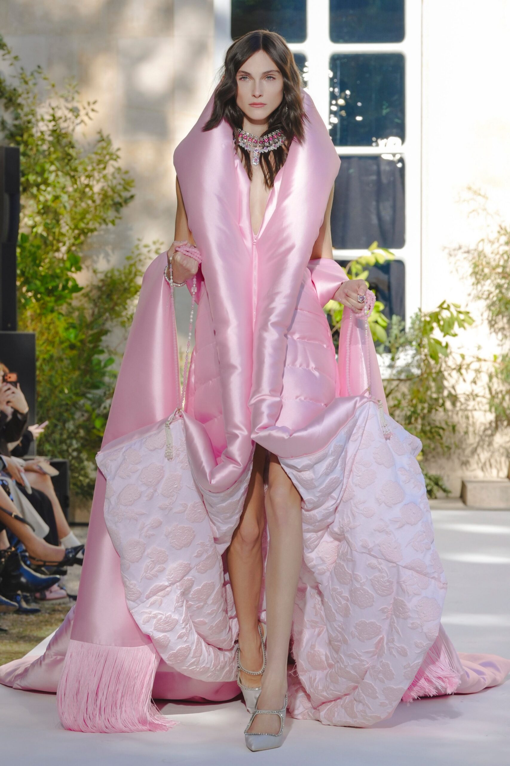 sculptural pink satin evening gown