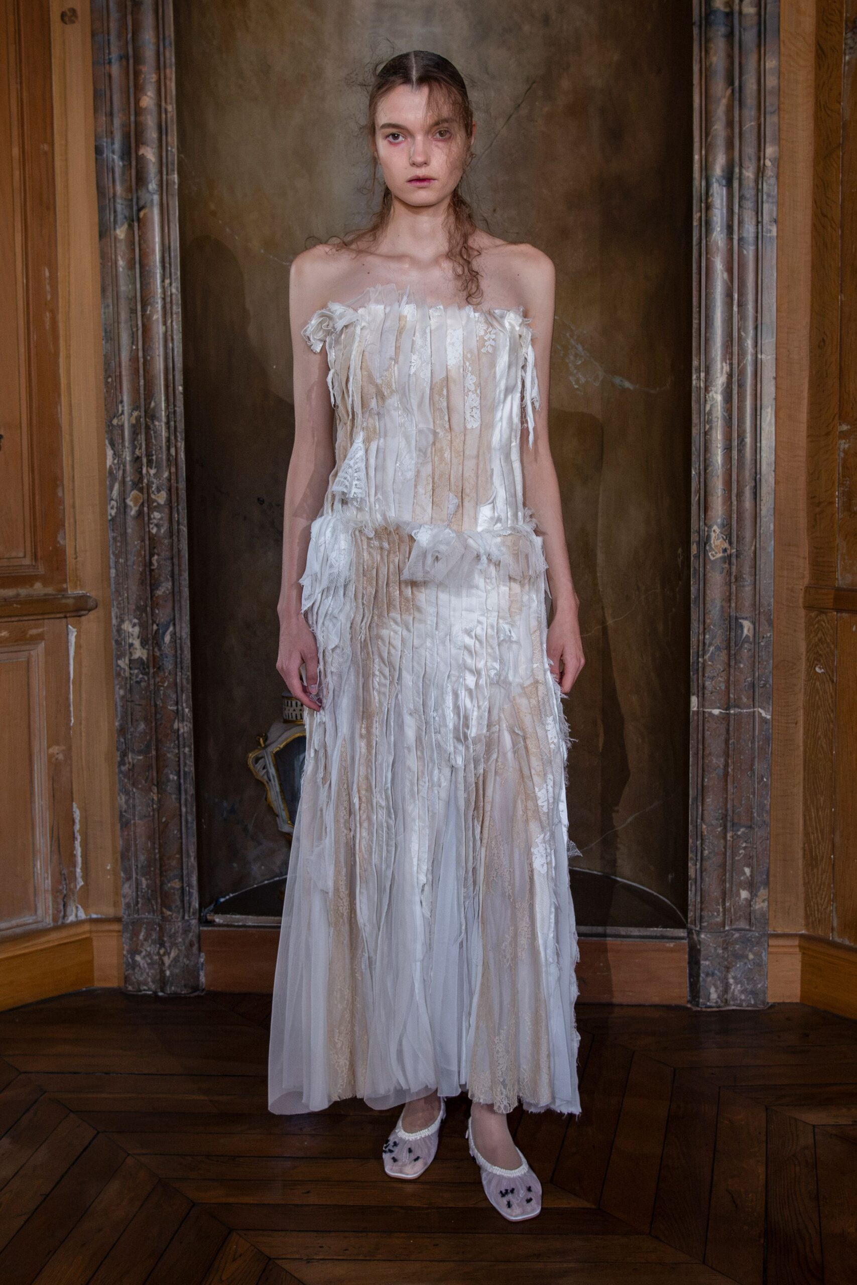 deconstructed strapless lace chiffon gown